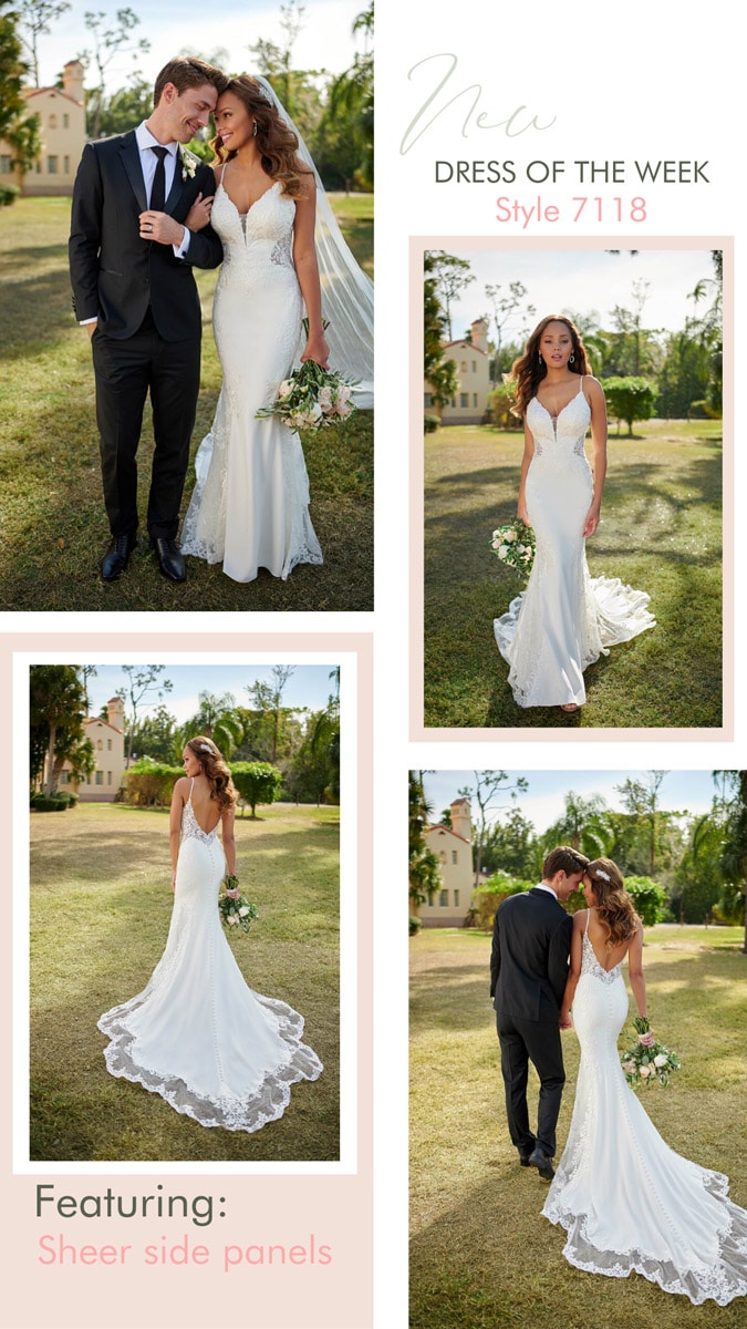 Collage, die eine Braut in einem taillierten Spitzen-Brautkleid mit transparenten Seitenteilen, tiefem Ausschnitt und Spitzenschleppe zeigt, die mit dem Bräutigam in einem schwarzen Anzug in einem Garten posiert. Der Text hebt "Style 7118" aus unserer exklusiven Brautmoden-Kollektion hervor.