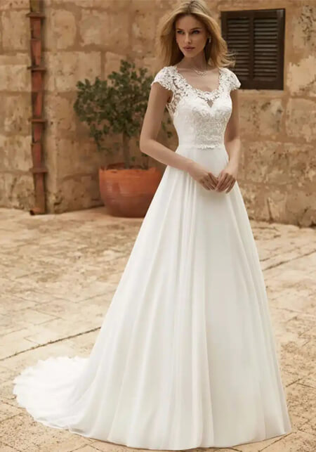 hochzeitsrausch Brautmoden - Elegantes Brautkleid mit Spitzenoberteil und fließendem Rock, ideal für die Traumhochzeit