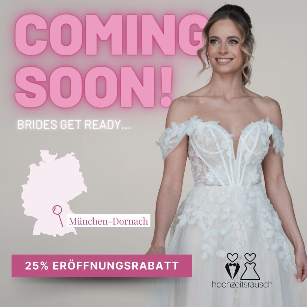 hochzeitsrausch Brautmoden München - Brautkleid mit floralen Spitzen und Off-Shoulder-Design, eleganter Look