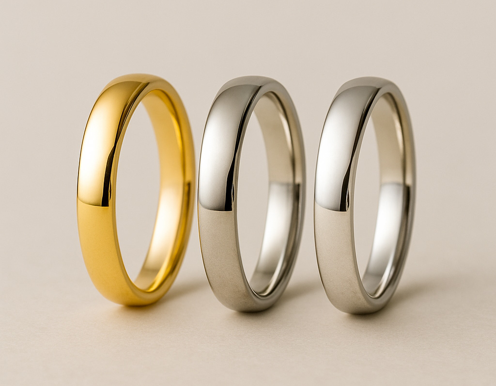 Drei schlichte, polierte Ringe stehen aufrecht in einer Reihe: ein Ring aus Gelbgold auf der linken Seite und zwei Ringe aus Weißmetall, möglicherweise Platin oder Weißgold, auf der rechten Seite, alle vor einem neutralen Hintergrund.