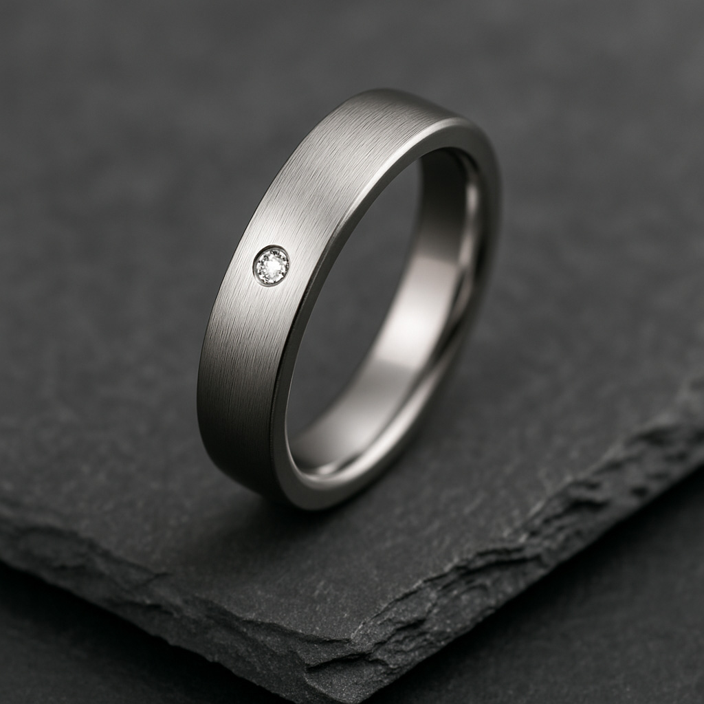 Ein Ring aus gebürstetem Metall mit einem einzelnen kleinen Diamanten, der in das Band eingelassen ist und auf einer dunklen, strukturierten Steinoberfläche liegt.