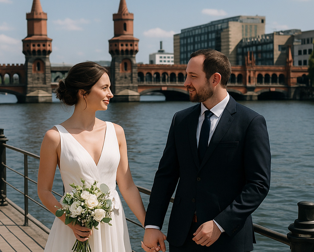 Eine Braut und ein Bräutigam stehen an einer Uferpromenade, halten sich an den Händen und lächeln sich an. Die Braut hält einen Strauß mit weißen Blumen. Im Hintergrund überspannt eine rote Ziegelsteinbrücke den Fluss unter einem teilweise bewölkten Himmel.