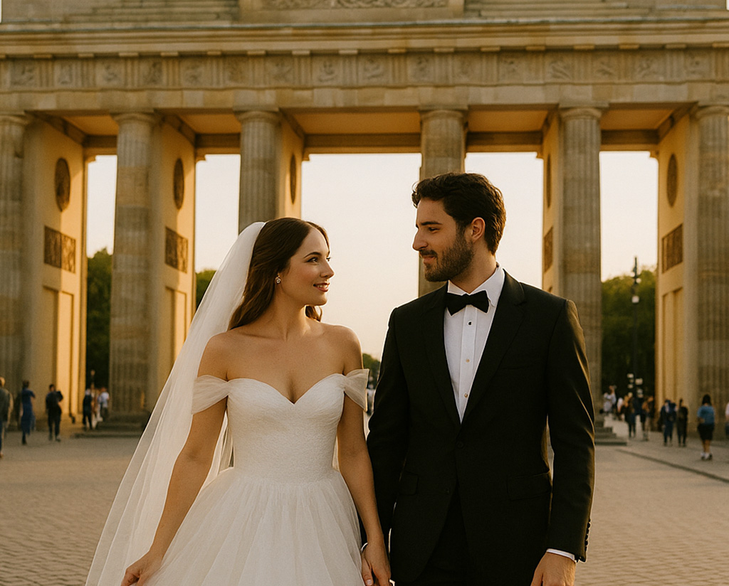 Eine Braut und ein Bräutigam, gekleidet in ein weißes Kleid und einen schwarzen Smoking, stehen händchenhaltend und lächeln sich vor dem Brandenburger Tor bei Sonnenuntergang an.