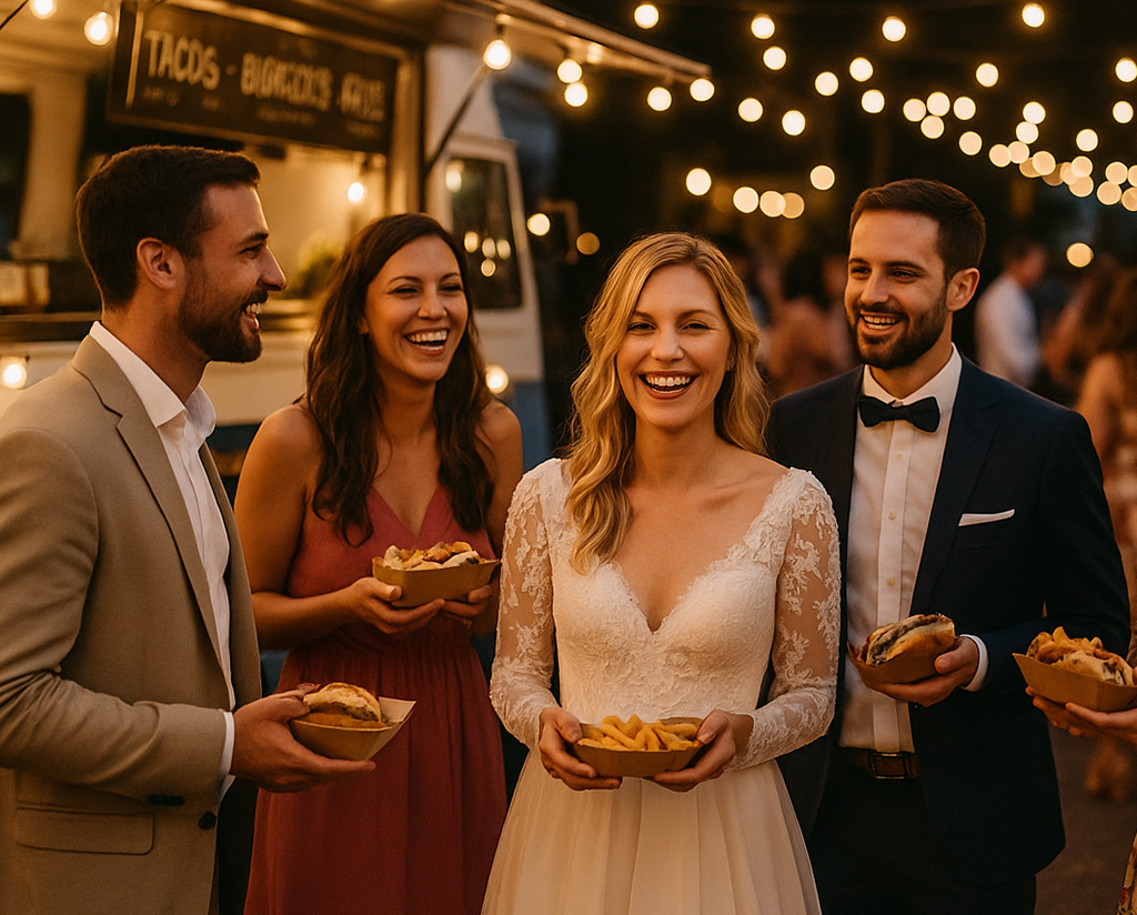Vier formell gekleidete Personen, darunter eine Frau im Hochzeitskleid, stehen nachts im Freien, lächeln und halten Essen in der Nähe eines Food Trucks unter Lichterketten.