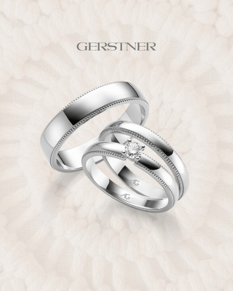 hochzeitsrausch Brautmoden - Elegante Eheringe von Gerstner, klassisches Design mit Diamant, ideal für die Hochzeit