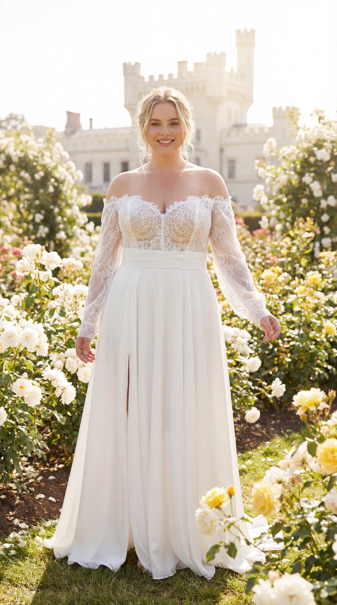 hochzeitsrausch Brautmoden - Stella York Brautkleid mit Spitzenärmeln und romantischem Schloss im Hintergrund