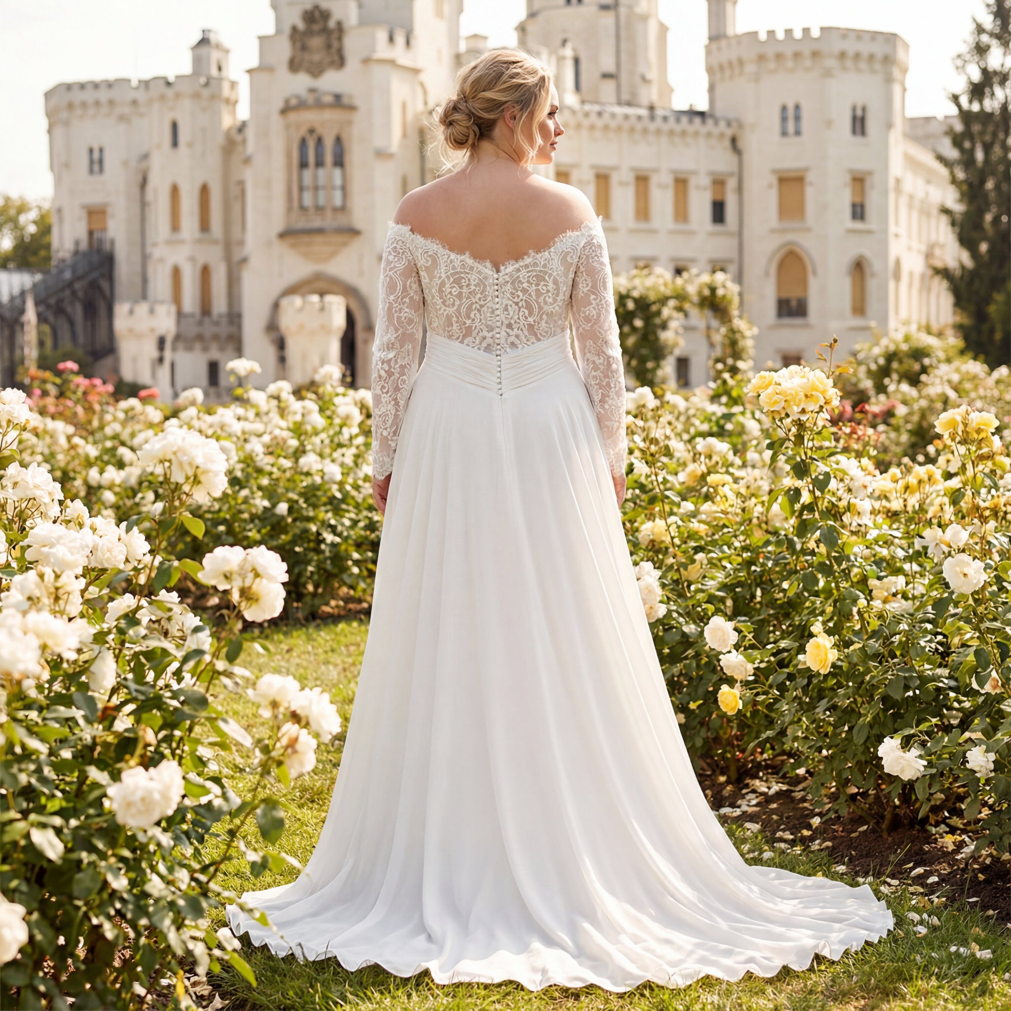 hochzeitsrausch Brautmoden - Elegantes Brautkleid mit Spitzenrücken in romantischem Schlossgarten-Setting