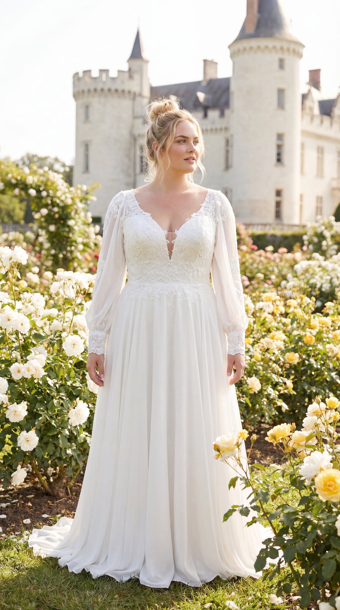 hochzeitsrausch Brautmoden - Brautkleid mit Spitzenoberteil und langen Ärmeln vor Schlosskulisse