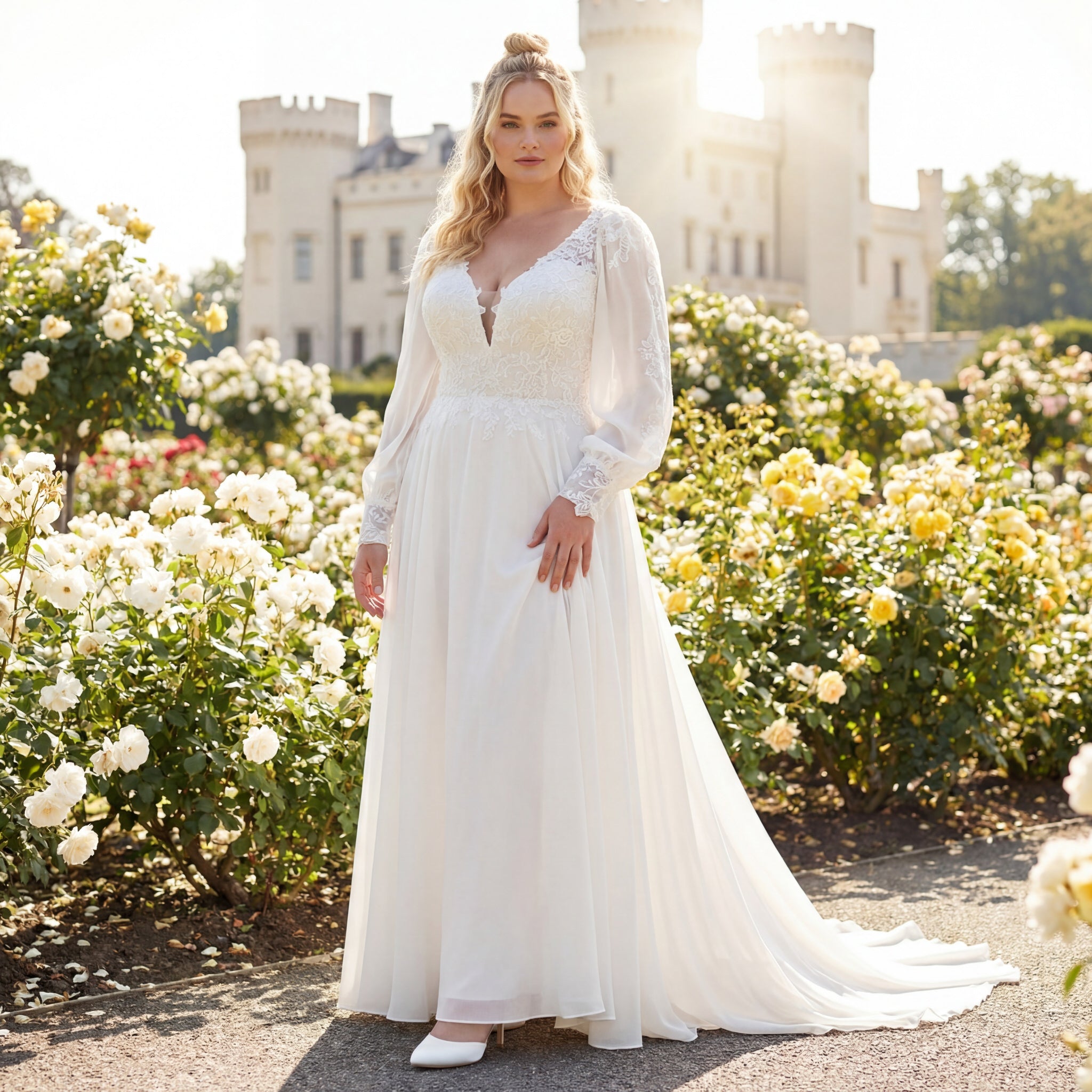 hochzeitsrausch Brautmoden - Elegantes Brautkleid mit Spitzenärmeln und V-Ausschnitt im romantischen Rosengarten