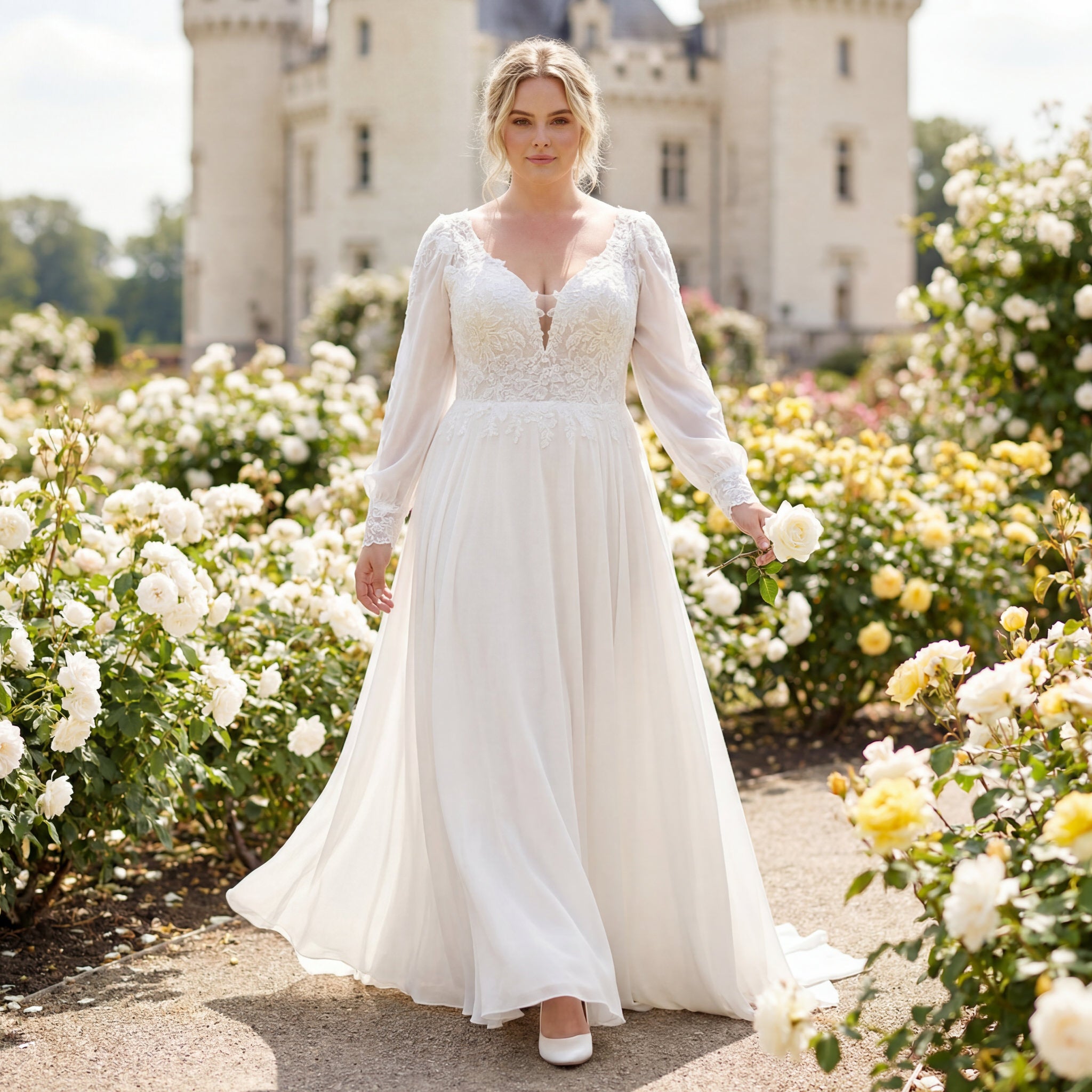 hochzeitsrausch Brautmoden - Elegantes Brautkleid mit Spitzenoberteil und langen Ärmeln im romantischen Schlossgarten
