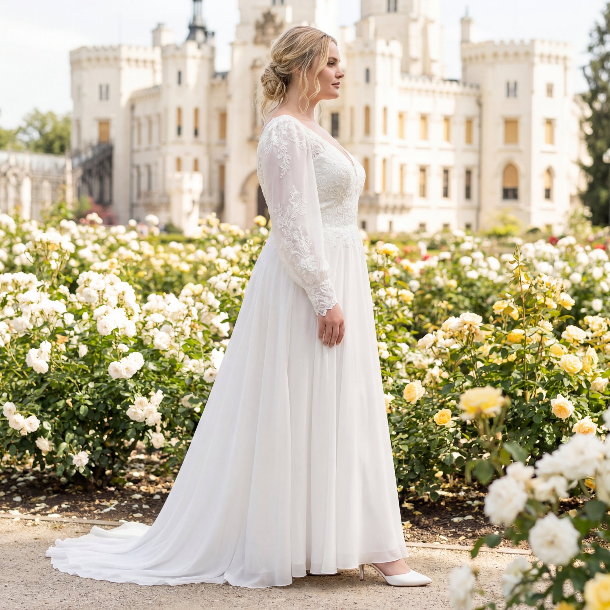hochzeitsrausch Brautmoden - Elegantes Brautkleid mit langen Spitzenärmeln in romantischem Schlossgarten-Setting