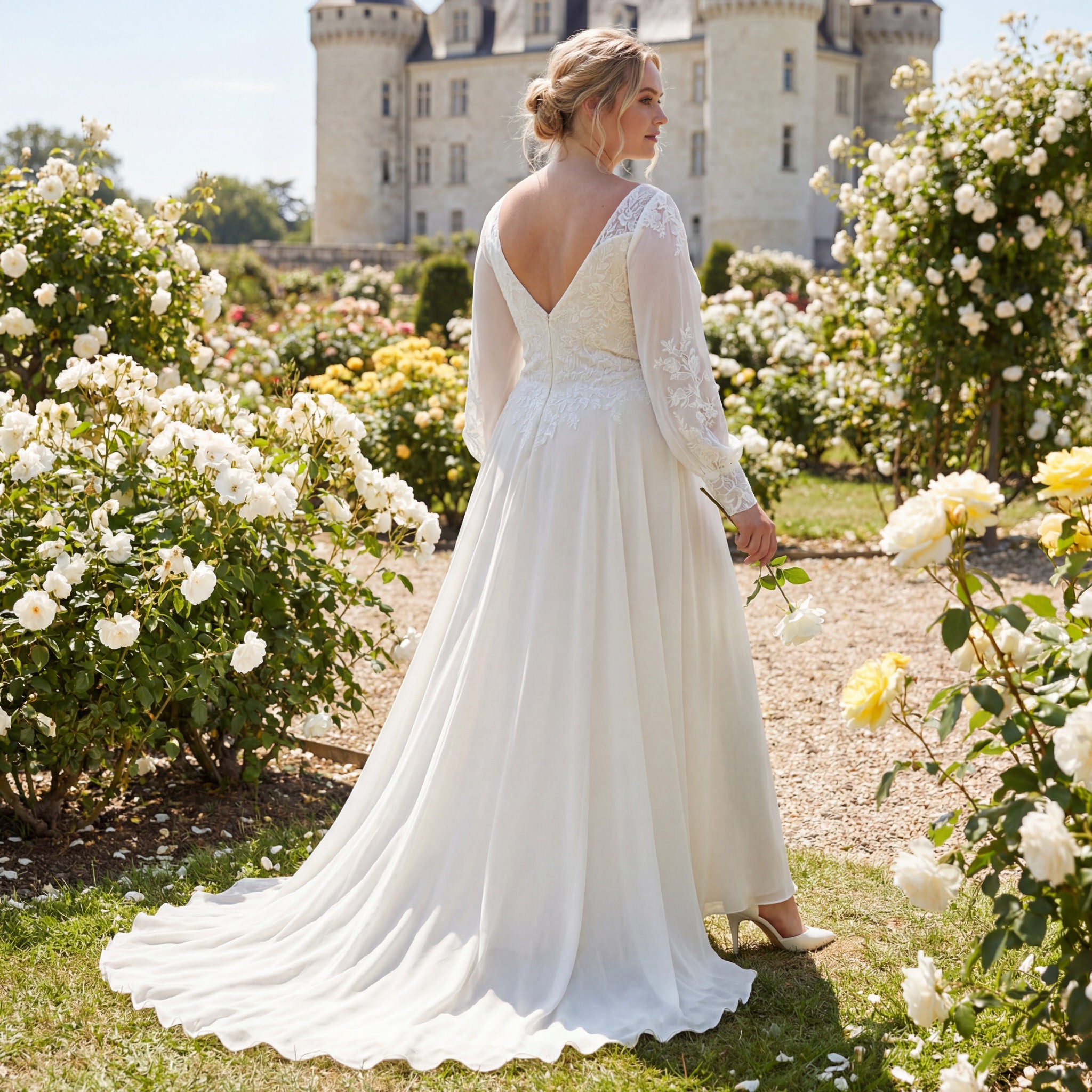 hochzeitsrausch Brautmoden - Elegantes Brautkleid mit langen Ärmeln und Spitzen, romantische Gartenkulisse vor Schloss