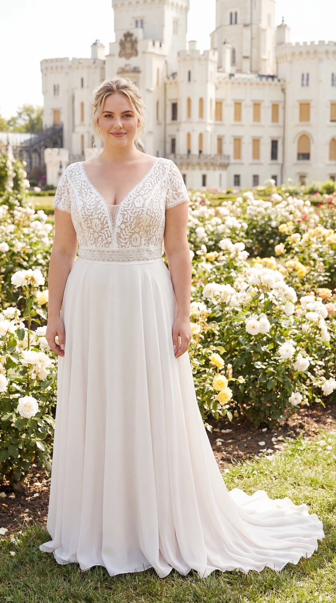 hochzeitsrausch Brautmoden - Brautkleid mit Spitzenoberteil und V-Ausschnitt vor Schlosskulisse