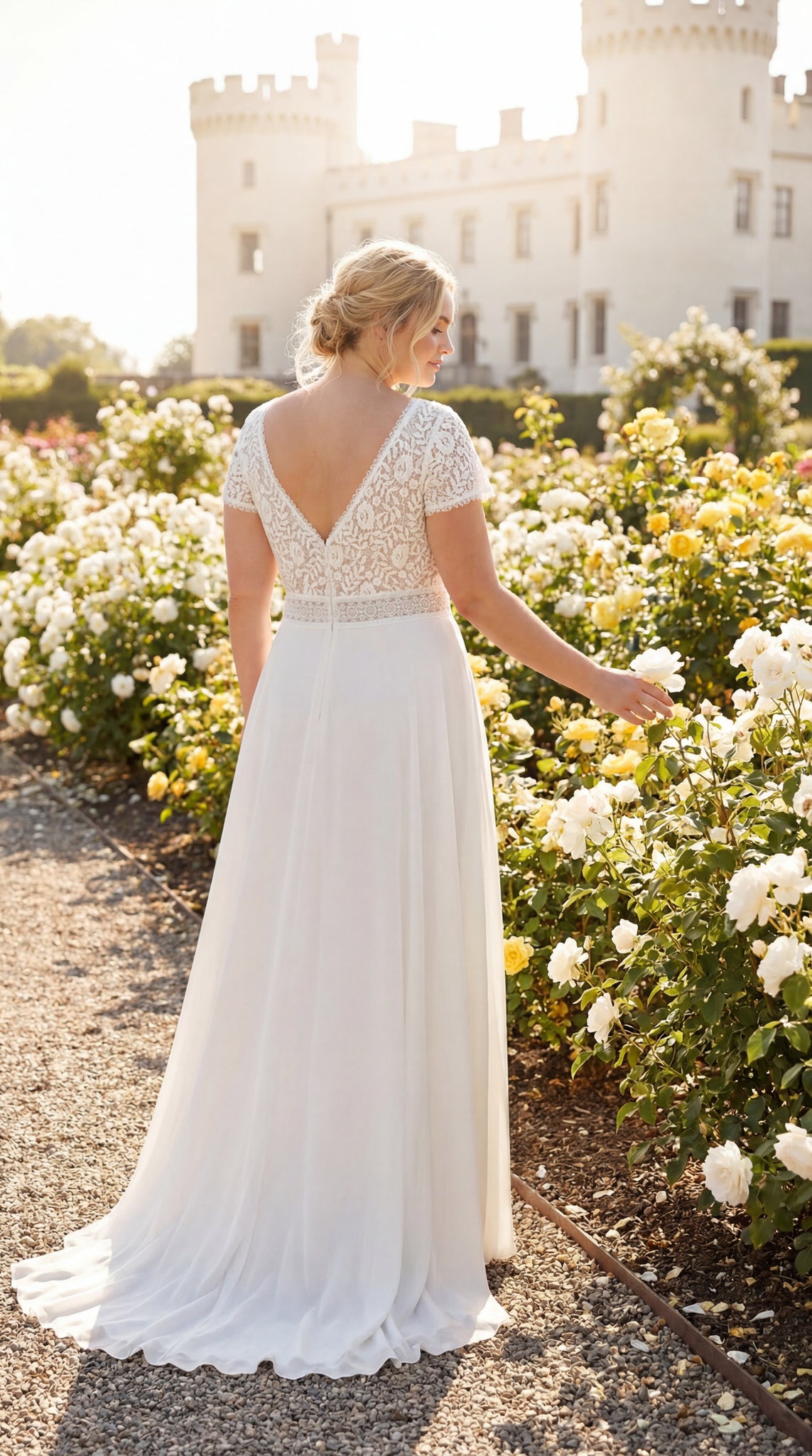 hochzeitsrausch Brautmoden - Brautkleid mit Spitzenrücken und fließendem Rock in romantischem Garten-Setting