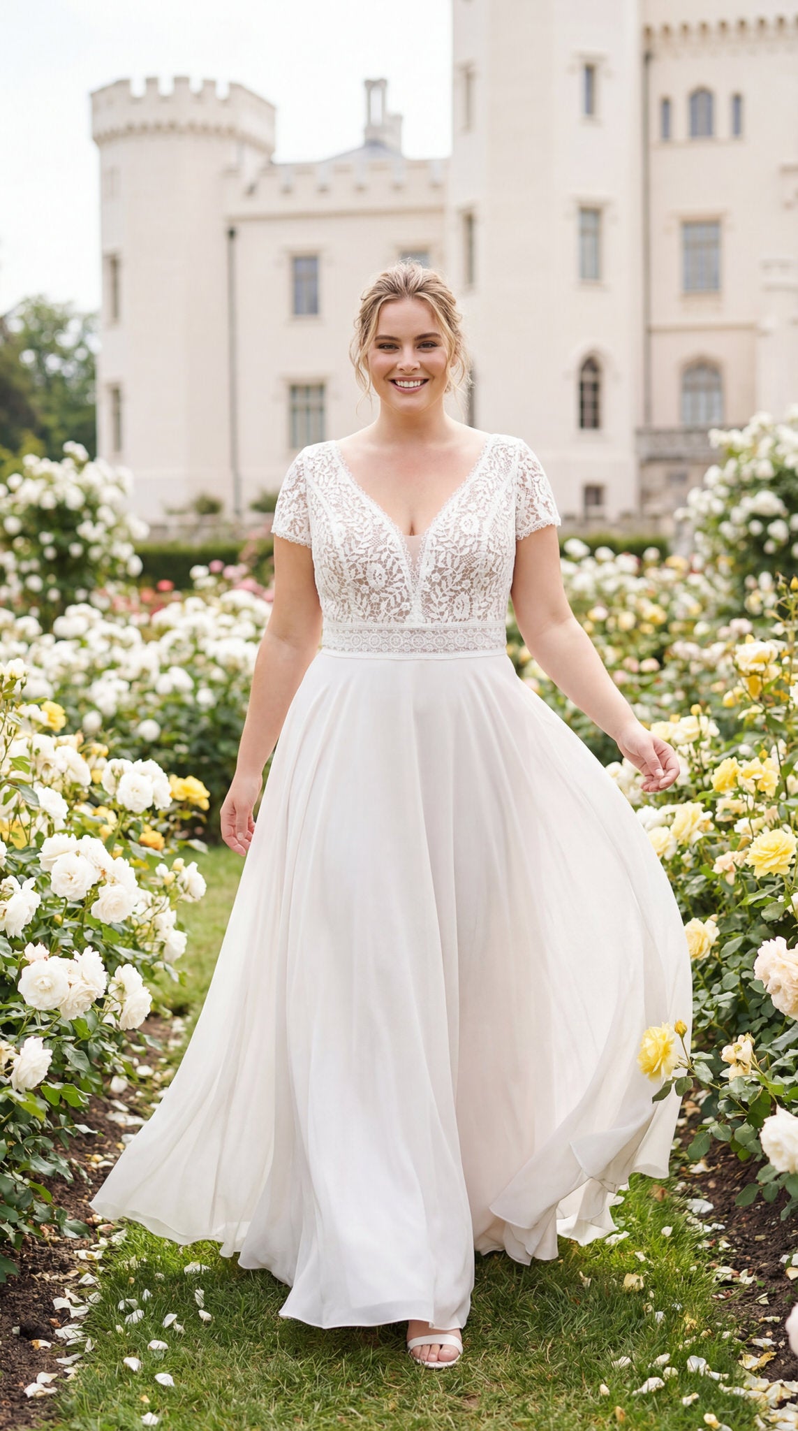 hochzeitsrausch Brautmoden - Brautkleid mit Spitzenoberteil und fließendem Rock in romantischem Garten-Setting