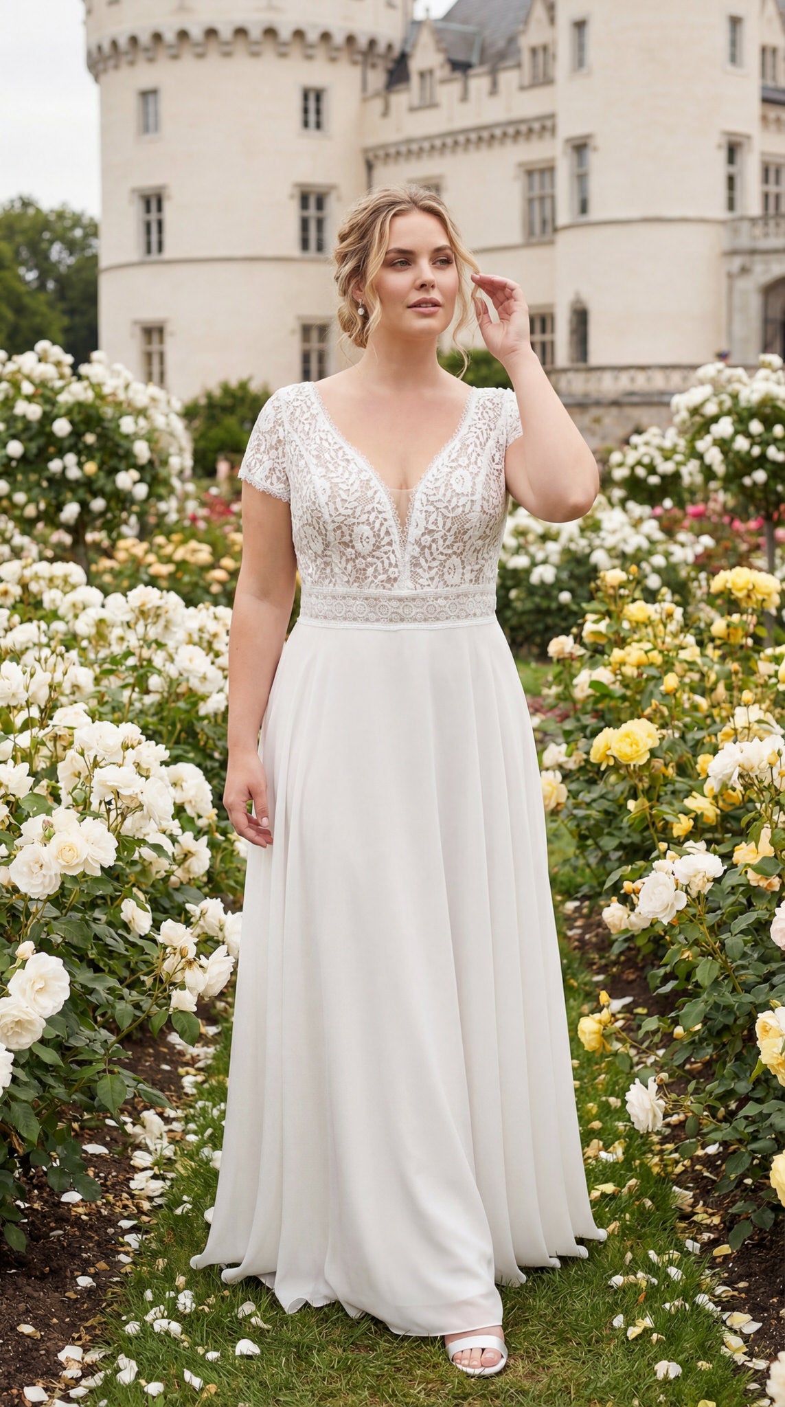 hochzeitsrausch Brautmoden - Brautkleid mit Spitzenoberteil und V-Ausschnitt im romantischen Rosengarten