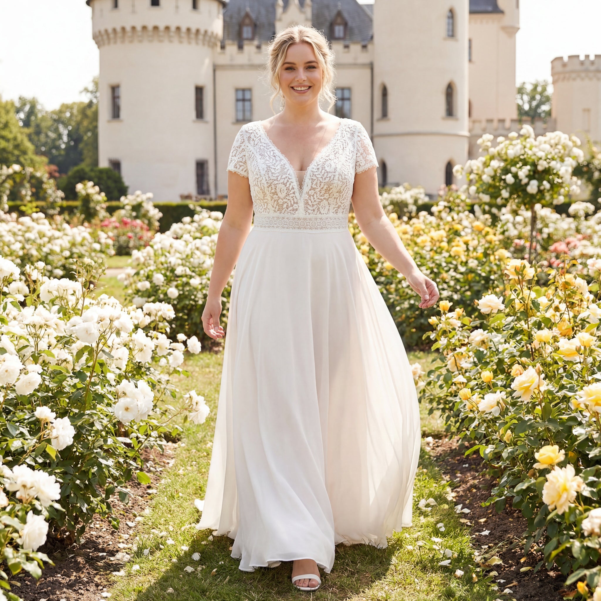 hochzeitsrausch Brautmoden - Elegantes Brautkleid mit Spitzenoberteil und fließendem Rock vor romantischer Schlosskulisse