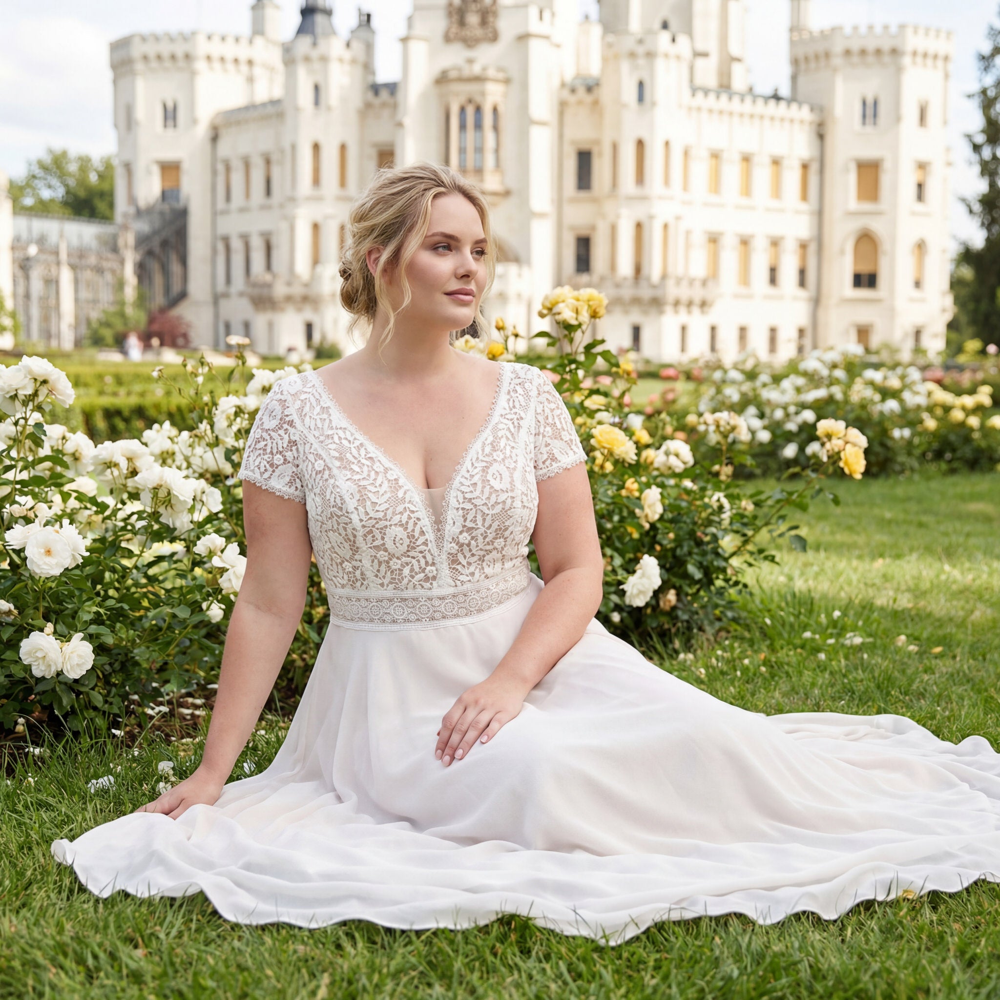 hochzeitsrausch Brautmoden - Elegantes Brautkleid mit Spitzenoberteil im Schlossgarten, romantische Hochzeitsstimmung