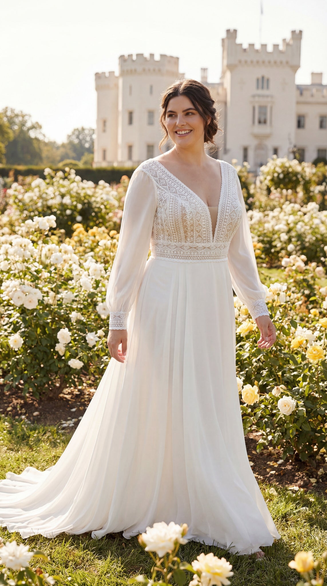 hochzeitsrausch Brautmoden - Elegantes Brautkleid mit langen Ärmeln und Spitzenoberteil in romantischem Garten-Setting