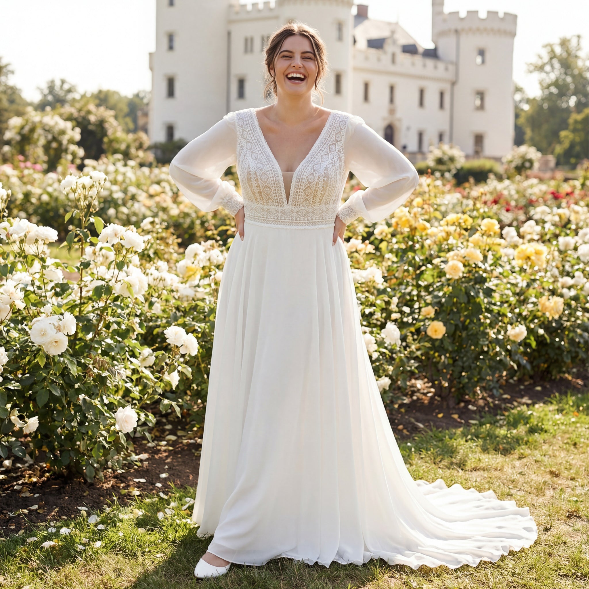 hochzeitsrausch Brautmoden - Brautkleid mit langen Ärmeln und Spitzenoberteil in romantischem Garten-Setting