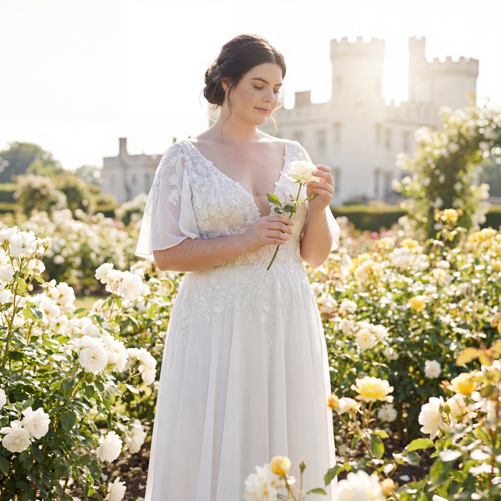 hochzeitsrausch Brautmoden - Brautkleid mit Spitzenärmeln in romantischem Rosengarten vor Schlosskulisse