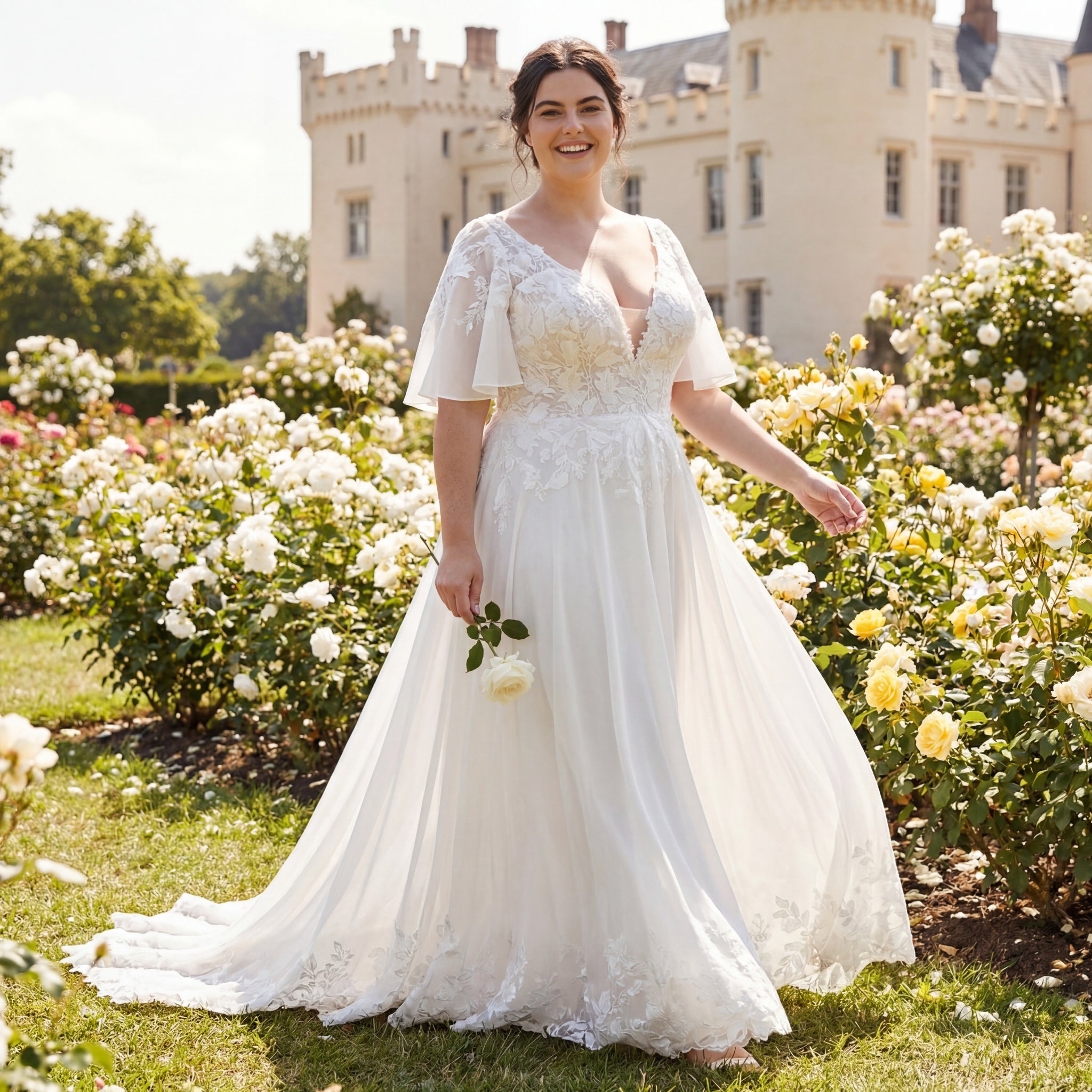 hochzeitsrausch Brautmoden - Brautkleid mit Spitzenärmeln und V-Ausschnitt im romantischen Garten-Setting