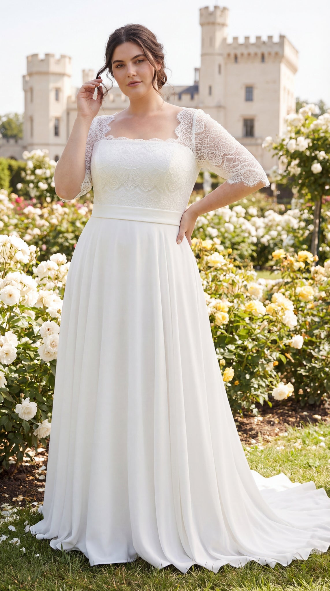 hochzeitsrausch Brautmoden - Elegantes Brautkleid mit Spitzenärmeln und fließendem Rock in romantischem Garten-Setting