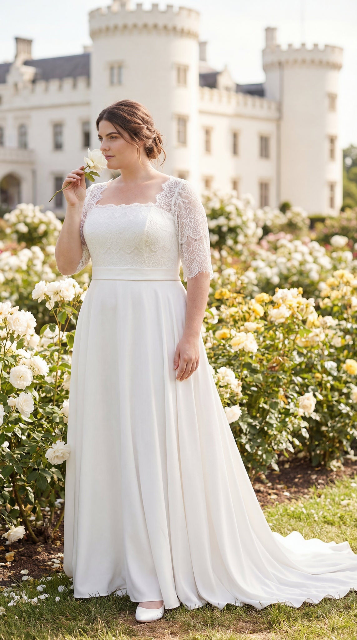 hochzeitsrausch Brautmoden - Elegantes Brautkleid mit Spitzenärmeln in romantischem Rosengarten-Setting