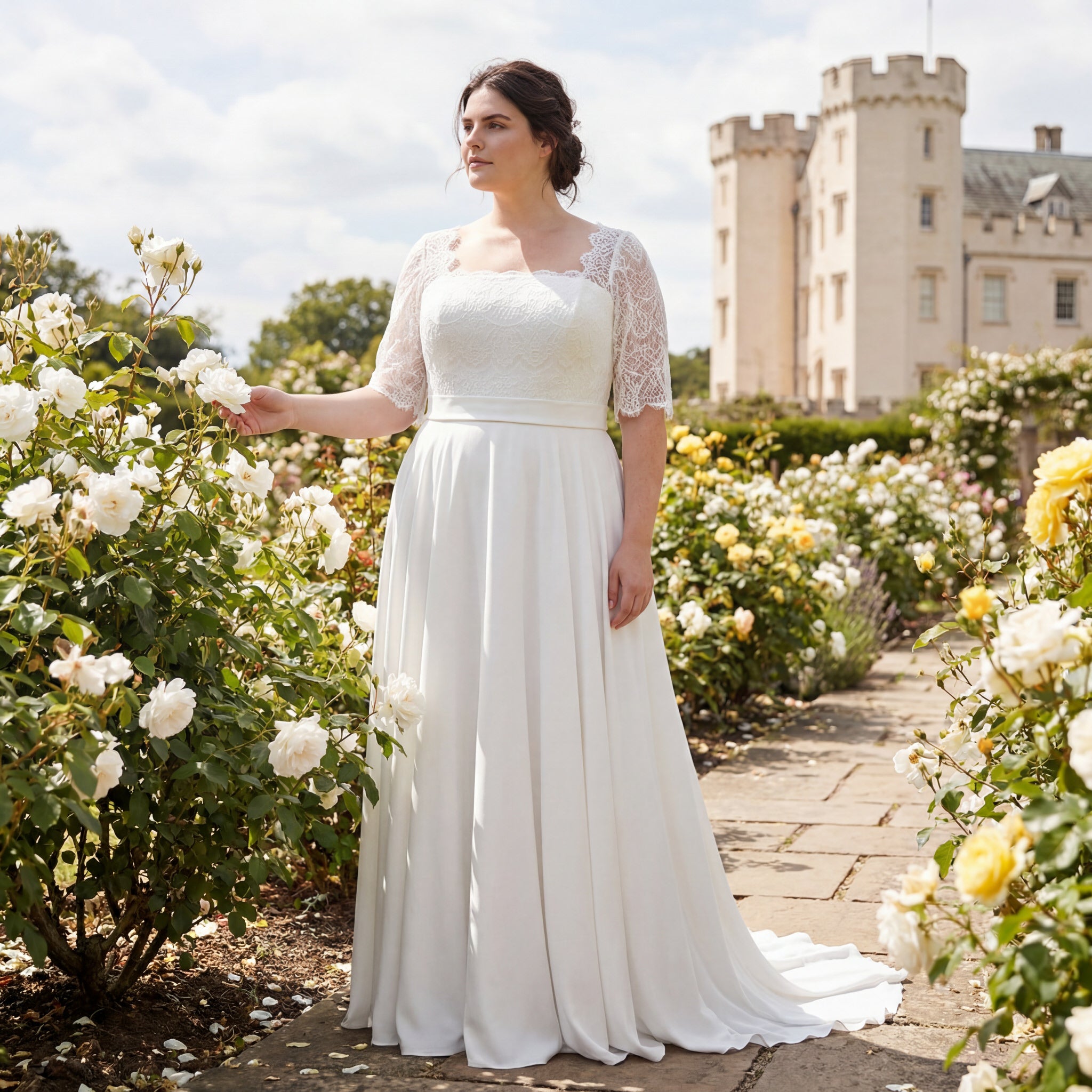 hochzeitsrausch Brautmoden - Elegantes Brautkleid mit Spitzenärmeln in romantischem Rosengarten-Setting