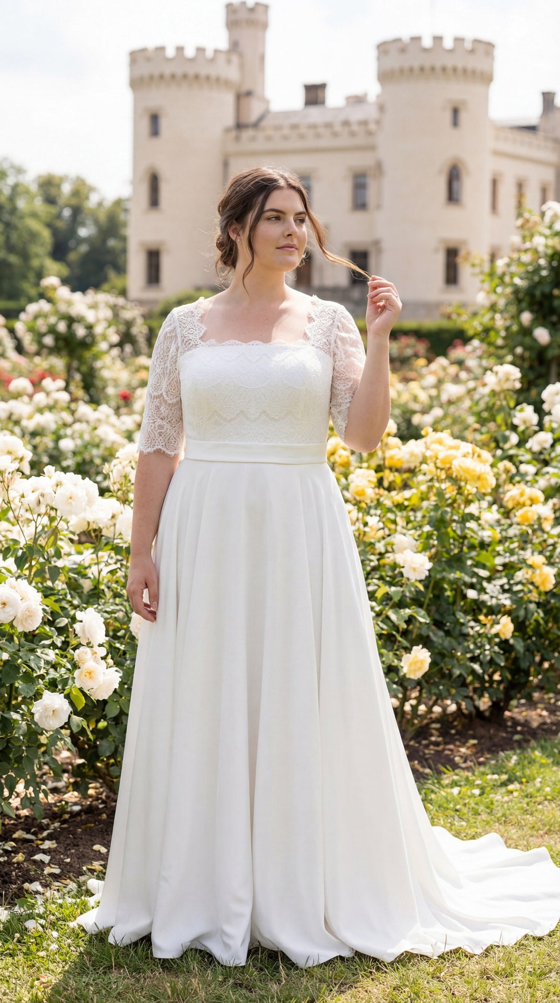 hochzeitsrausch Brautmoden - Elegantes Brautkleid mit Spitzenärmeln vor romantischer Schlosskulisse