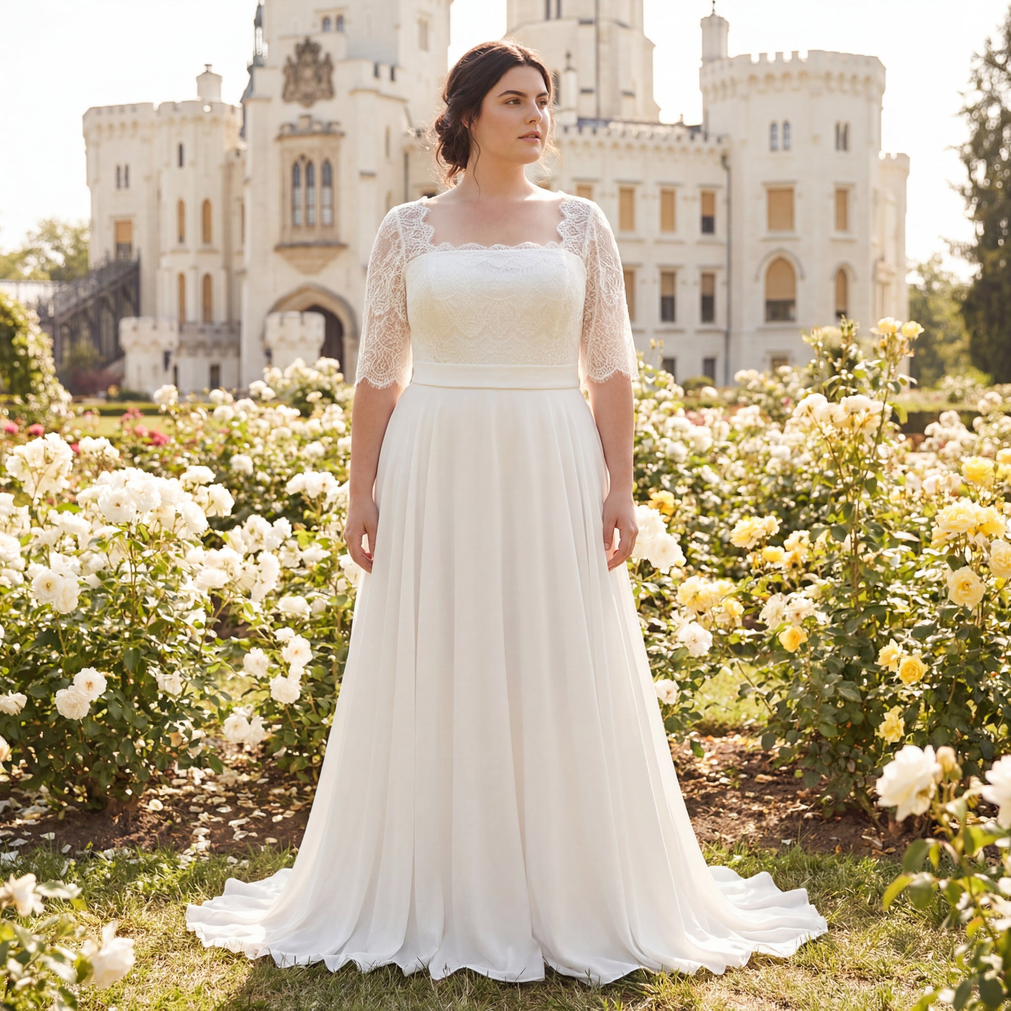 hochzeitsrausch Brautmoden - Elegantes Brautkleid mit Spitzenärmeln in romantischem Rosengarten-Setting