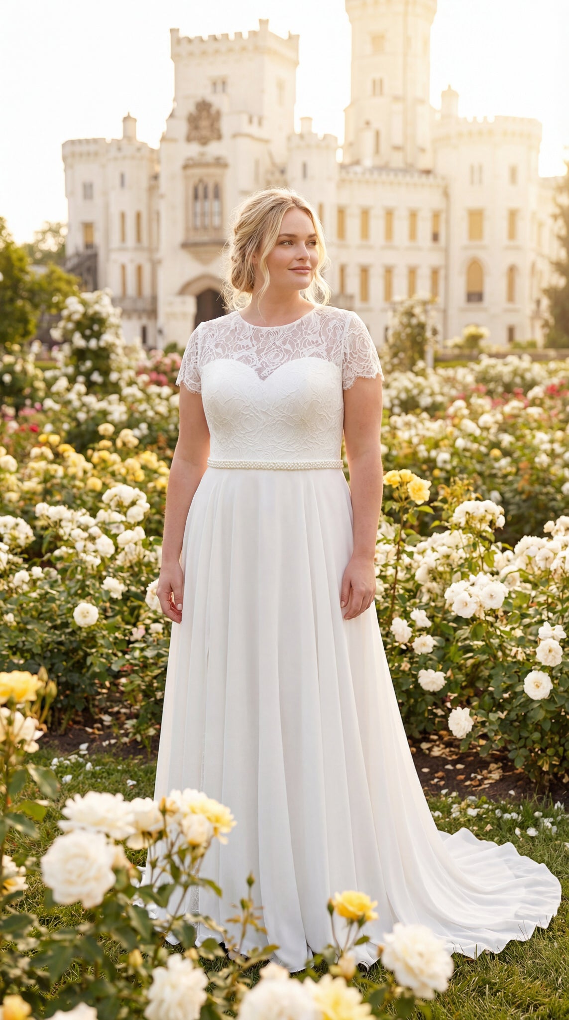 hochzeitsrausch Brautmoden - Elegantes Brautkleid mit Spitzenoberteil in romantischem Schlossgarten-Setting