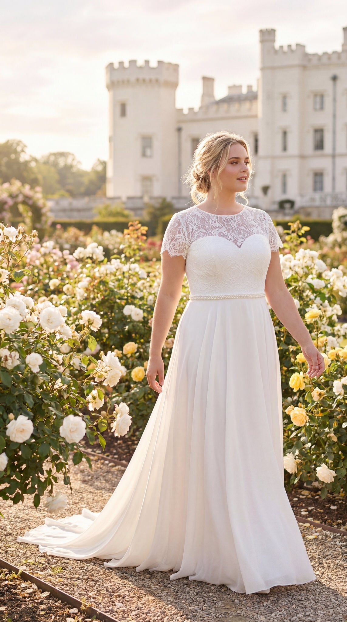 hochzeitsrausch Brautmoden - Brautkleid mit Spitzenoberteil und fliessendem Rock vor Schlosskulisse