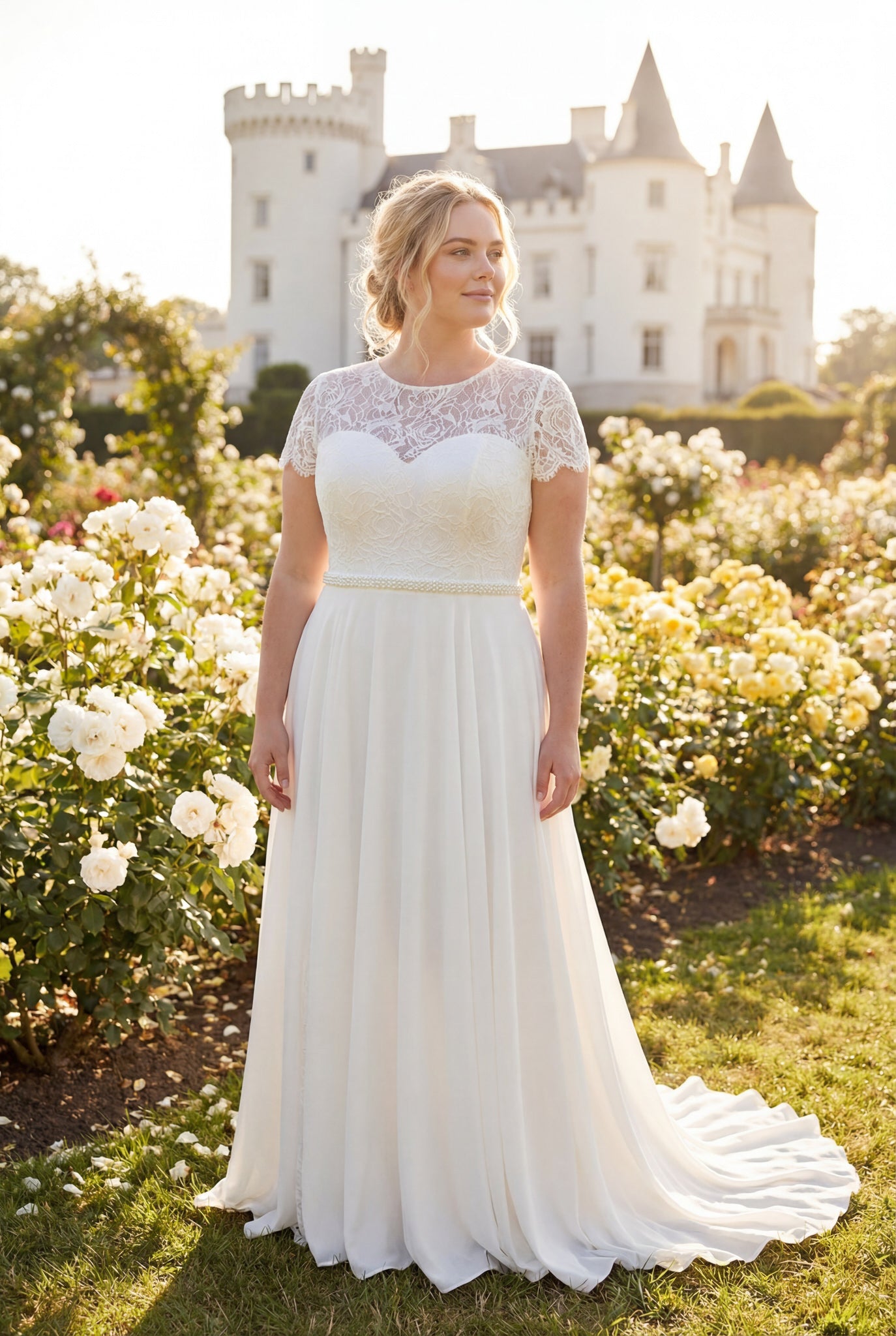 hochzeitsrausch Brautmoden - Brautkleid mit Spitzenärmeln und Herz-Ausschnitt vor Schlosskulisse