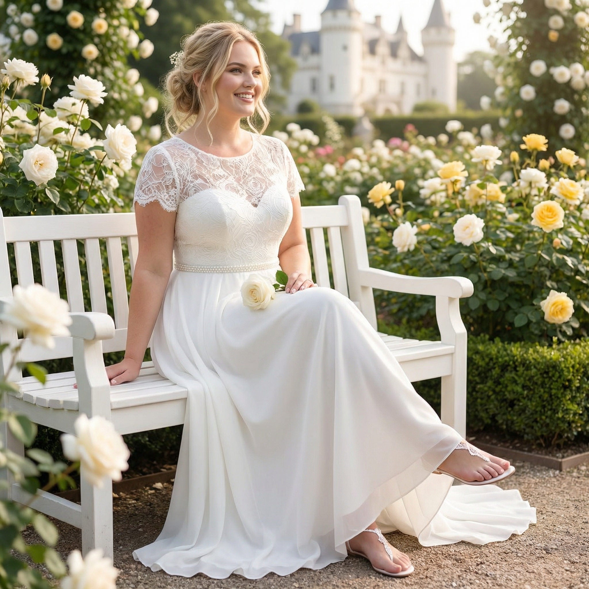 hochzeitsrausch Brautmoden - Elegantes Brautkleid mit Spitzenoberteil in romantischem Garten-Setting