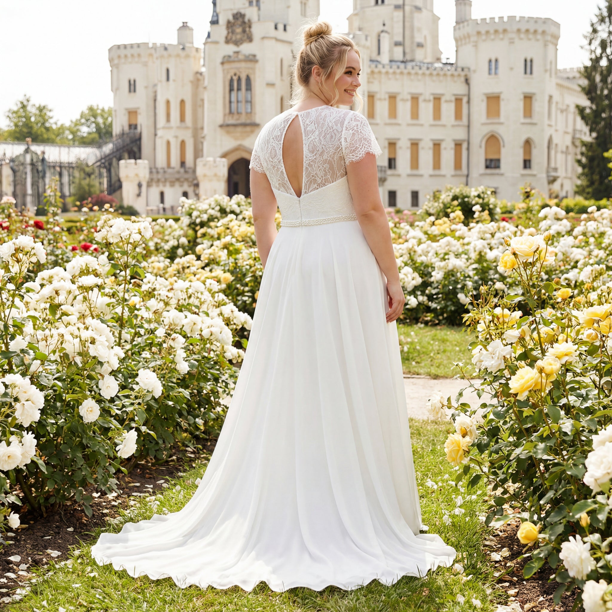 hochzeitsrausch Brautmoden - Brautkleid mit Spitzenrücken und fließendem Rock in romantischem Rosengarten-Setting