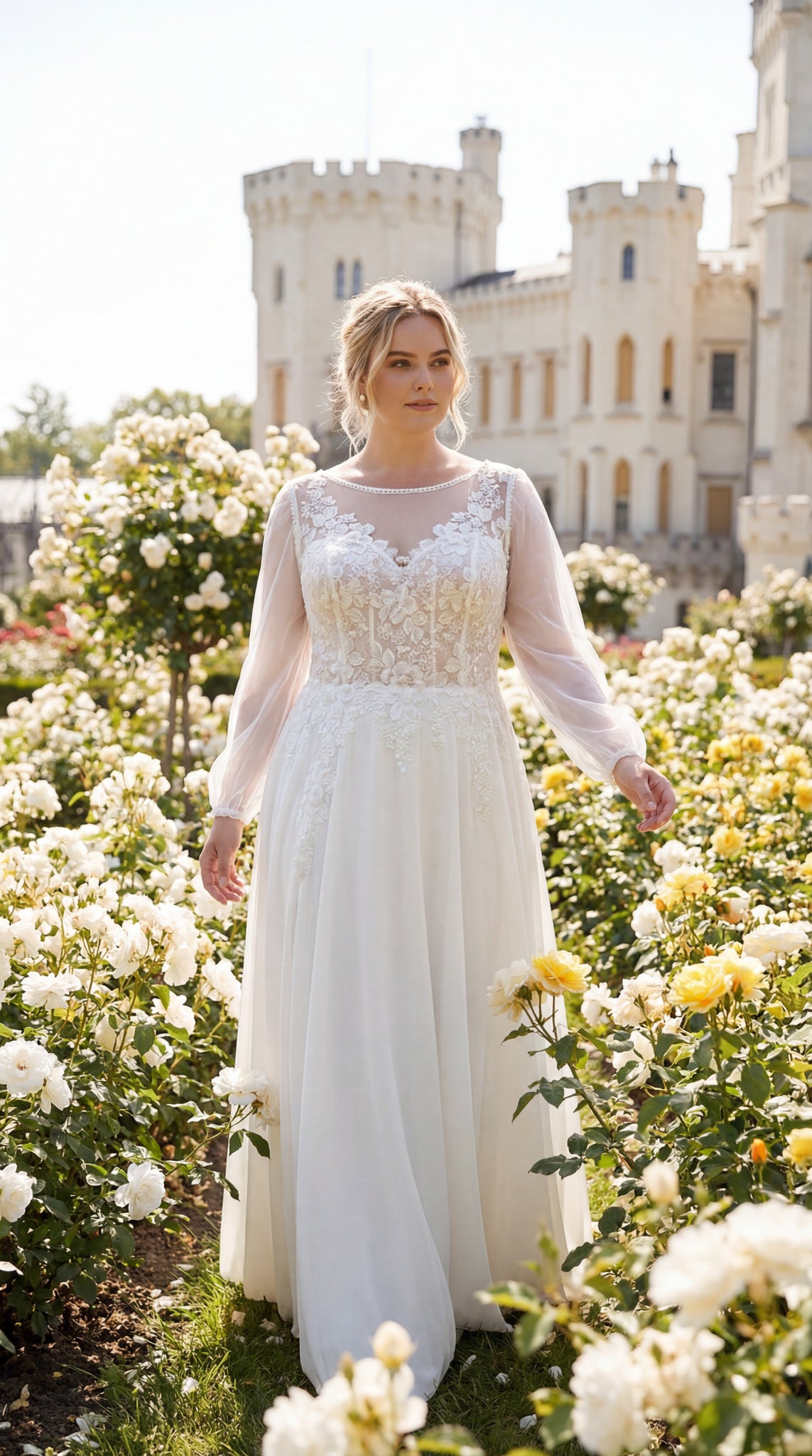 hochzeitsrausch Brautmoden - Brautkleid mit Spitzenoberteil und langen Ärmeln in romantischem Rosengarten