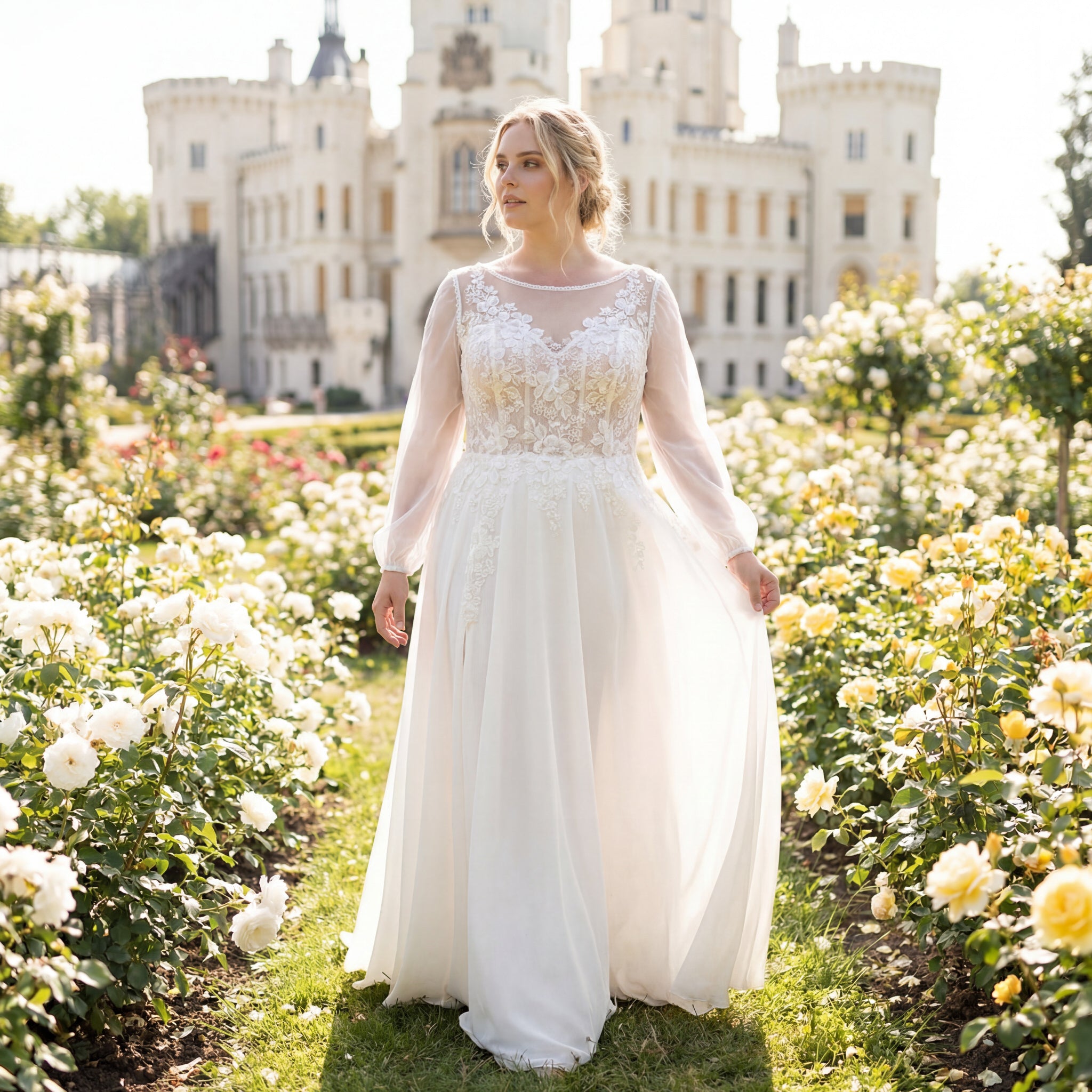 hochzeitsrausch Brautmoden - Brautkleid mit Spitzenoberteil und langen Ärmeln in romantischem Rosengarten vor Schlosskulisse