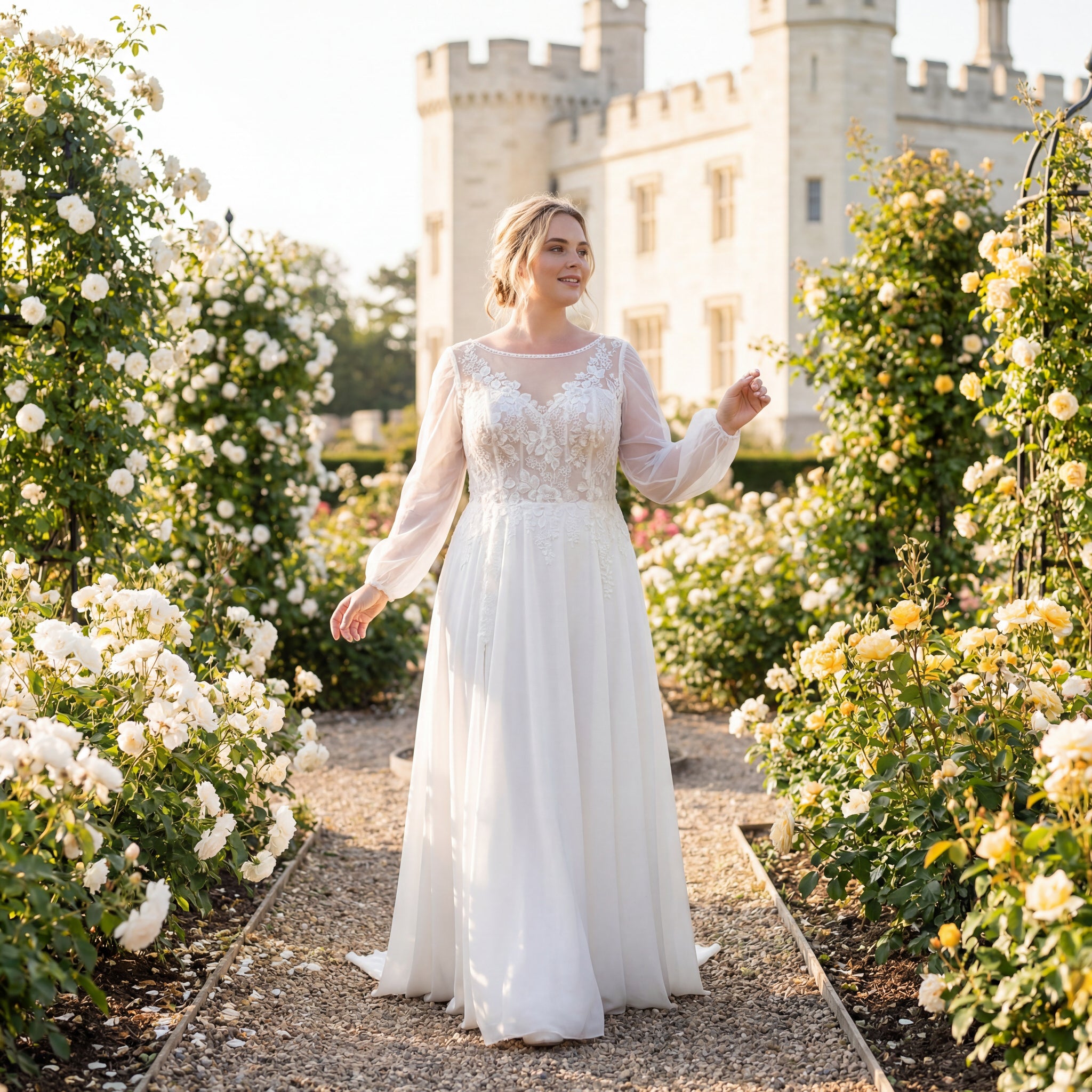 hochzeitsrausch Brautmoden - Brautkleid mit langen Ärmeln und Spitzenapplikationen in romantischem Rosengarten-Setting