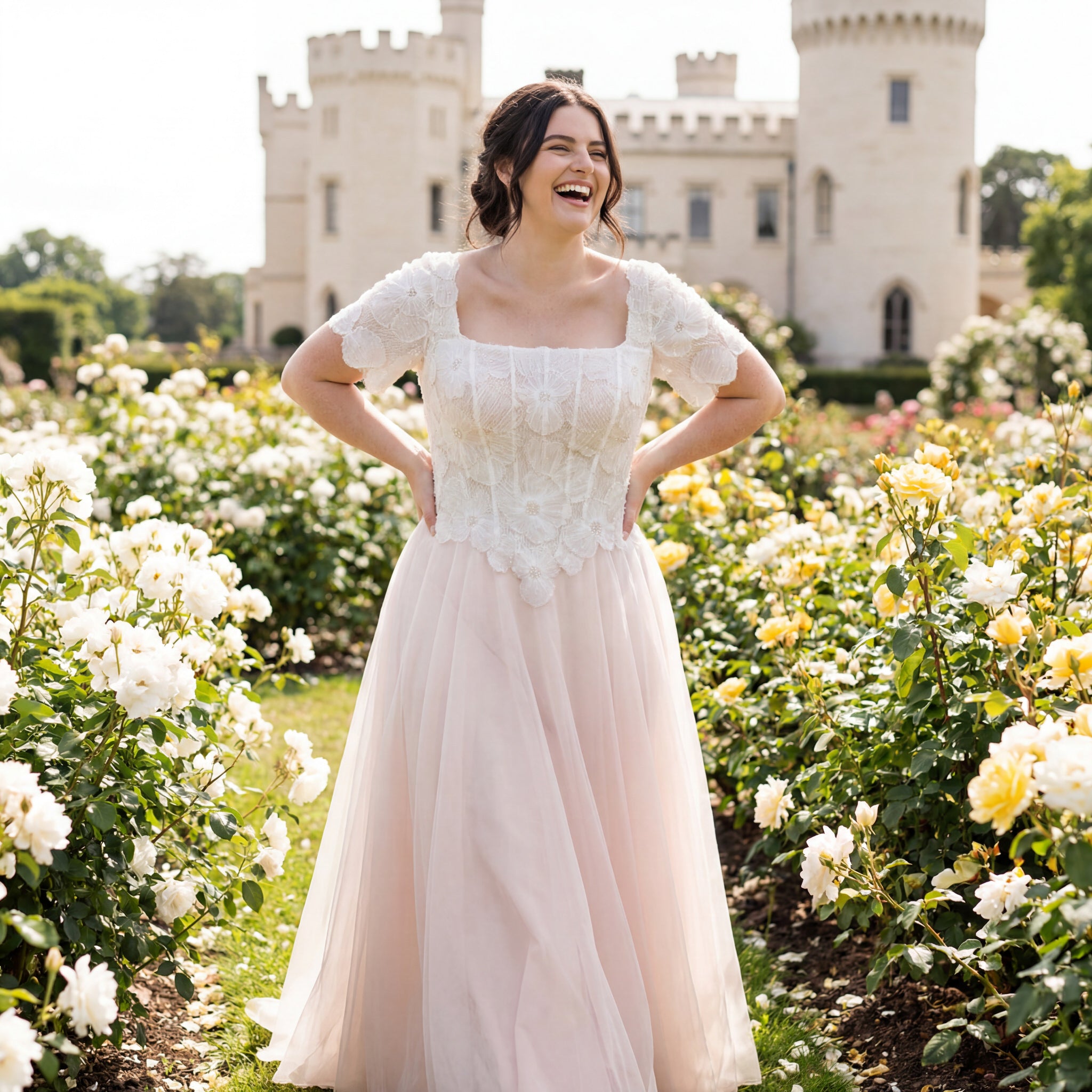 hochzeitsrausch Brautmoden - Brautkleid mit Spitzenoberteil in romantischem Schlossgarten