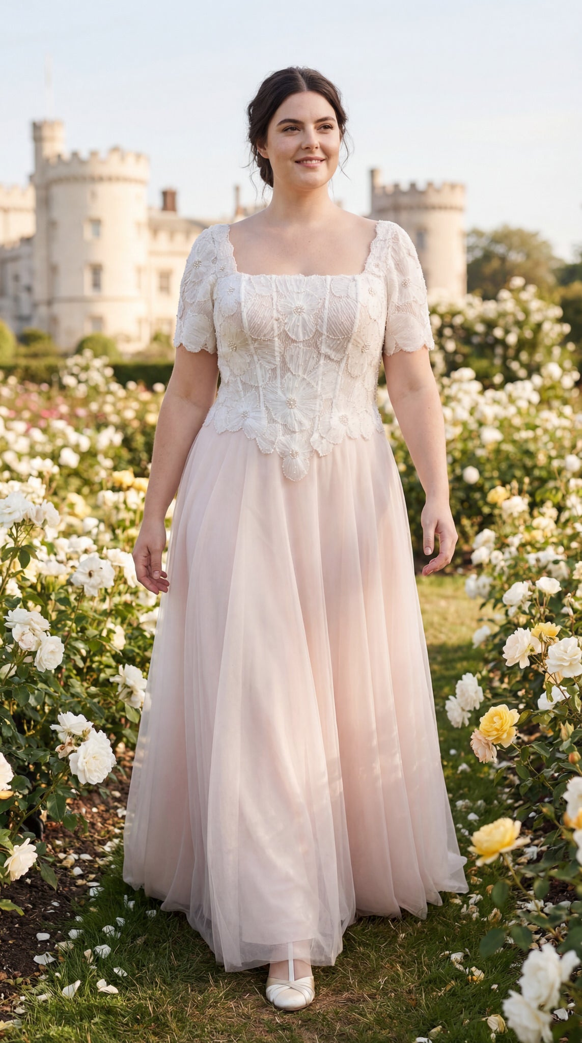 hochzeitsrausch Brautmoden - Romantisches Brautkleid mit Spitzenoberteil und fließendem Rock in einem blühenden Rosengarten