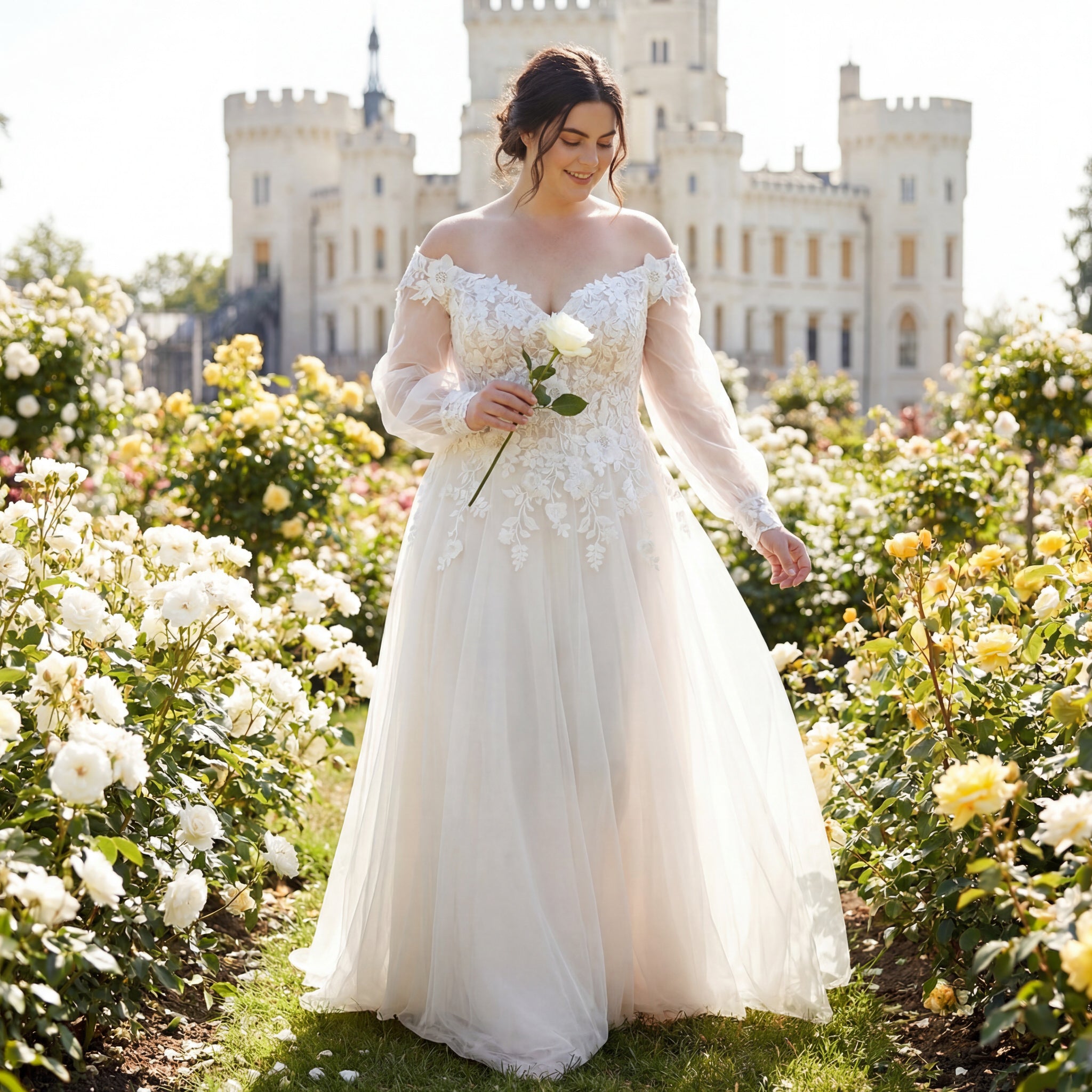 hochzeitsrausch Brautmoden - Romantisches Brautkleid mit Spitzenärmeln im Rosengarten vor Schlosskulisse