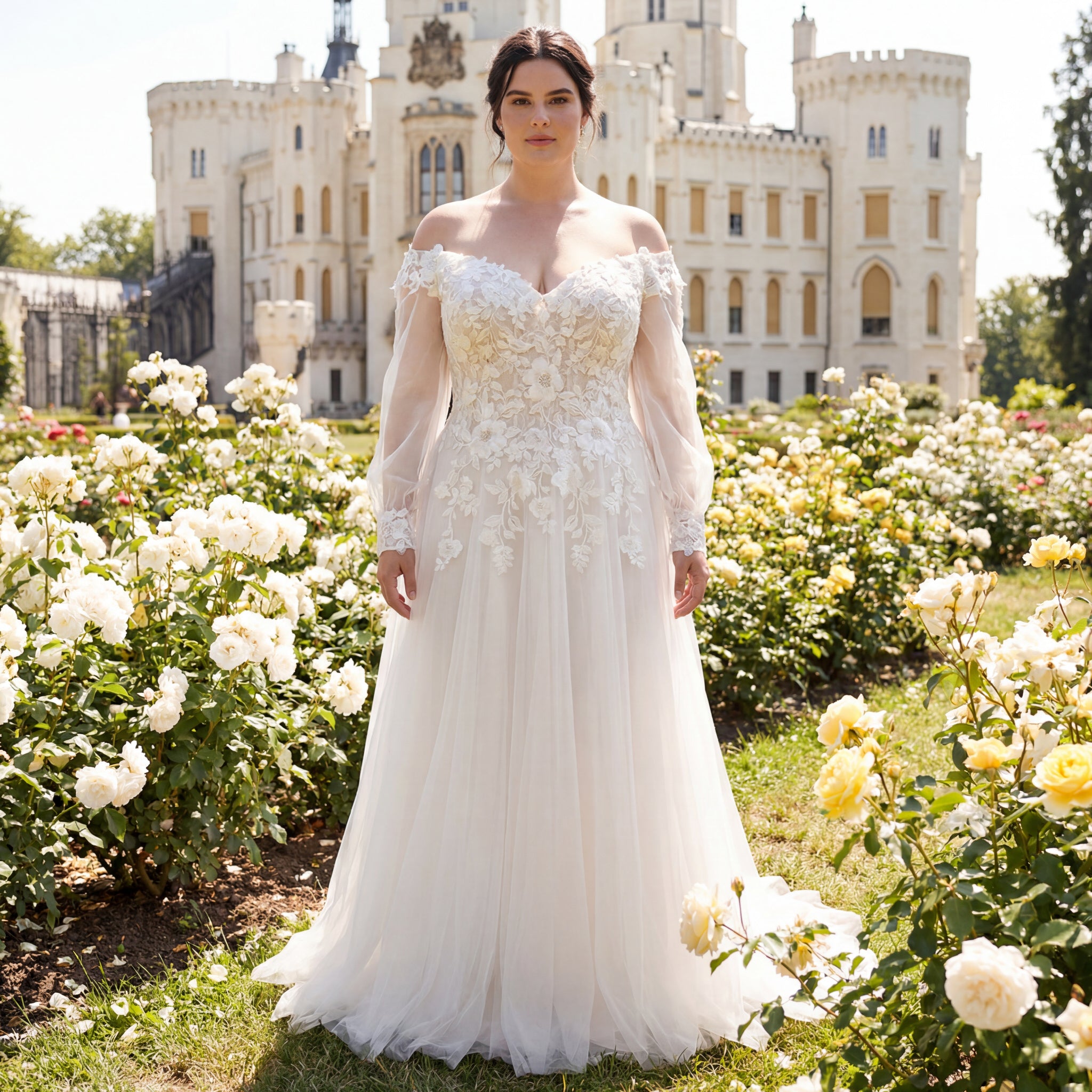 hochzeitsrausch Brautmoden - Brautkleid mit floralen Spitzen und schulterfreiem Design vor Schlosskulisse