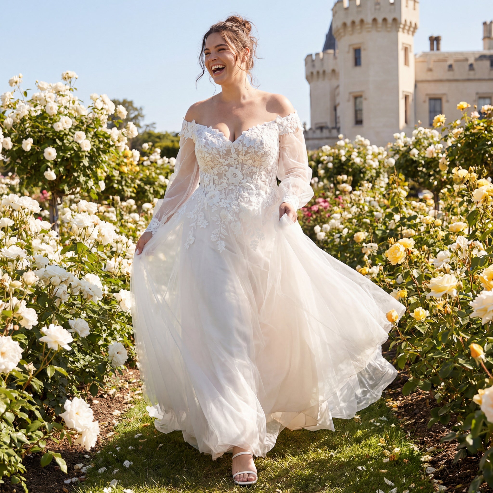 hochzeitsrausch Brautmoden - Brautkleid mit floralen Spitzen und Off-Shoulder-Design in romantischem Rosengarten