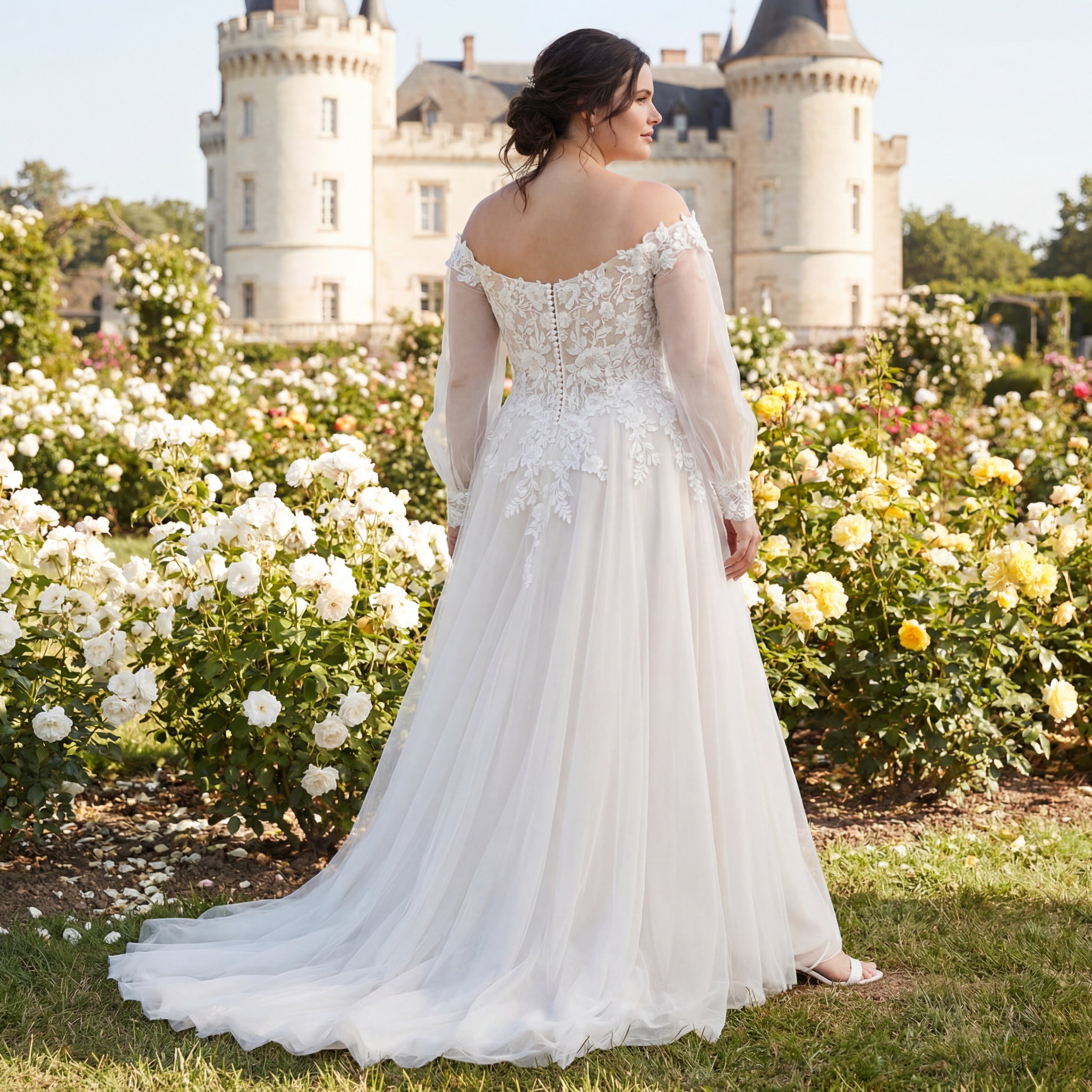 hochzeitsrausch Brautmoden - Brautkleid mit Spitzenärmeln und Schlosskulisse im Hintergrund