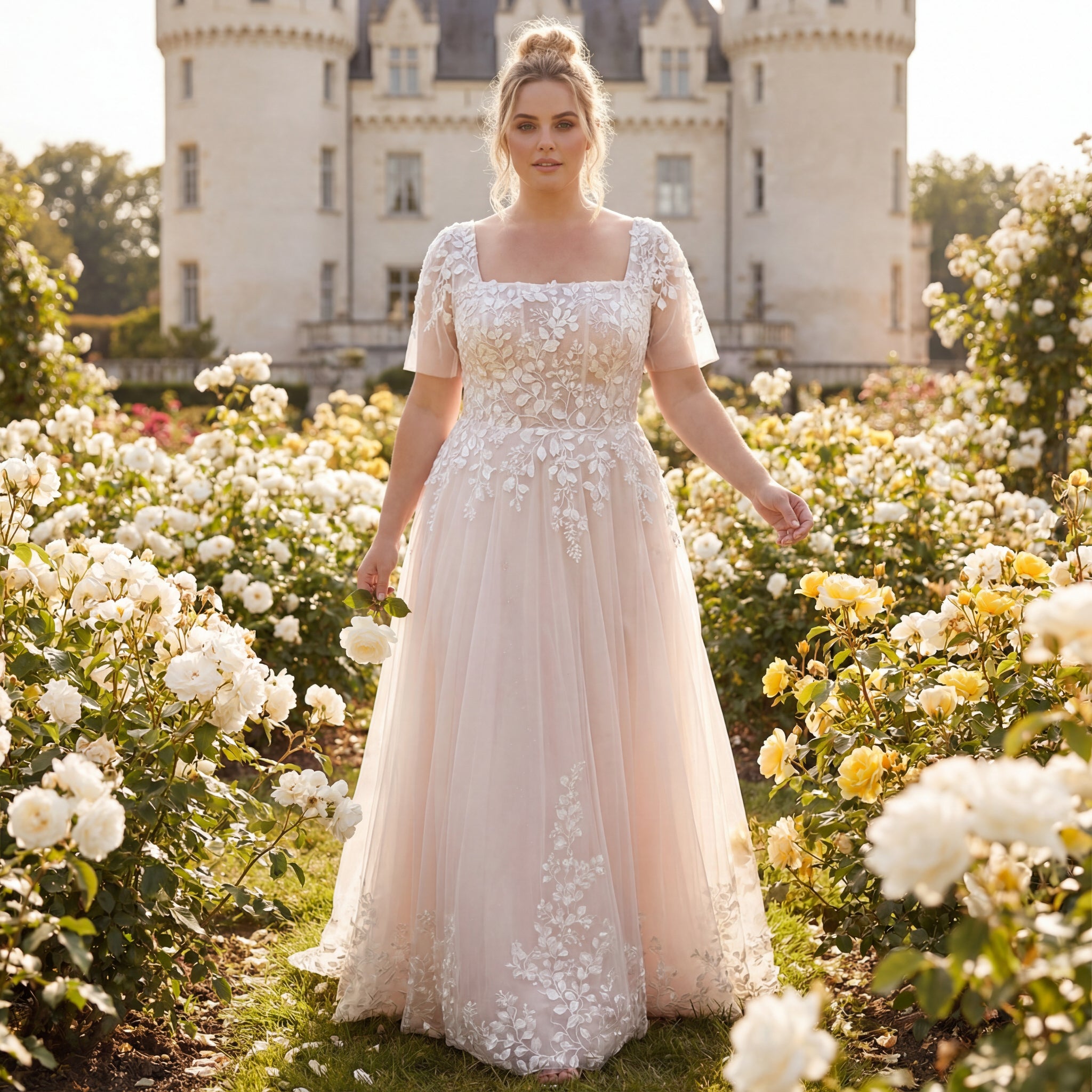 hochzeitsrausch Brautmoden - Elegantes Brautkleid mit floralen Spitzen in romantischem Rosengarten vor Schlosskulisse