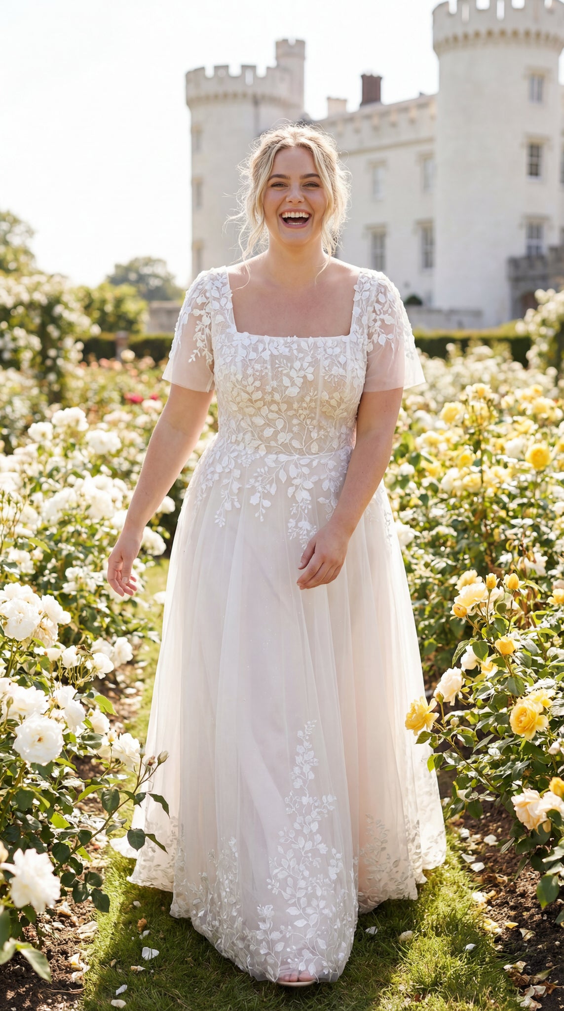 hochzeitsrausch Brautmoden - Brautkleid mit floraler Spitze und kurzen Ärmeln in romantischem Garten-Setting