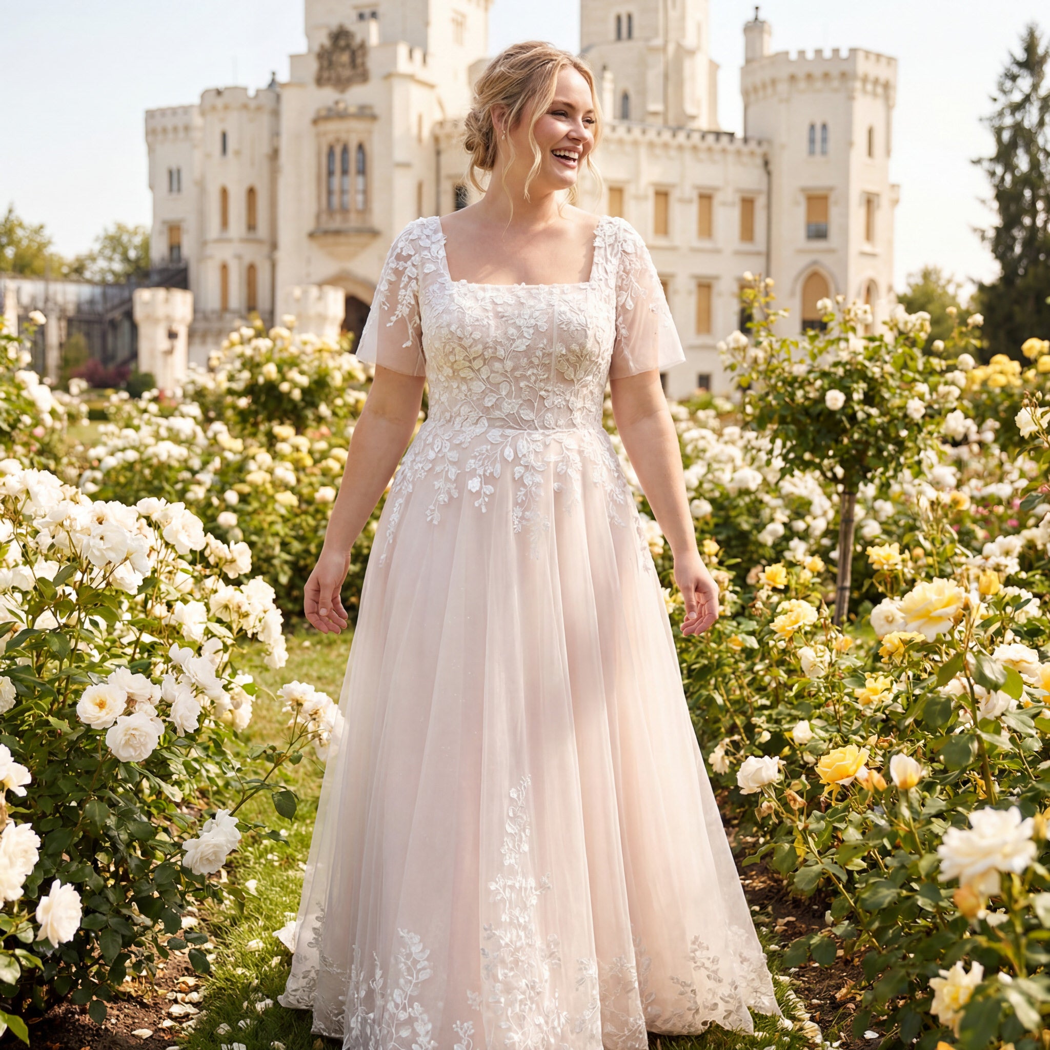 hochzeitsrausch Brautmoden - Brautkleid mit floralen Spitzen und A-Linie im romantischen Schlossgarten