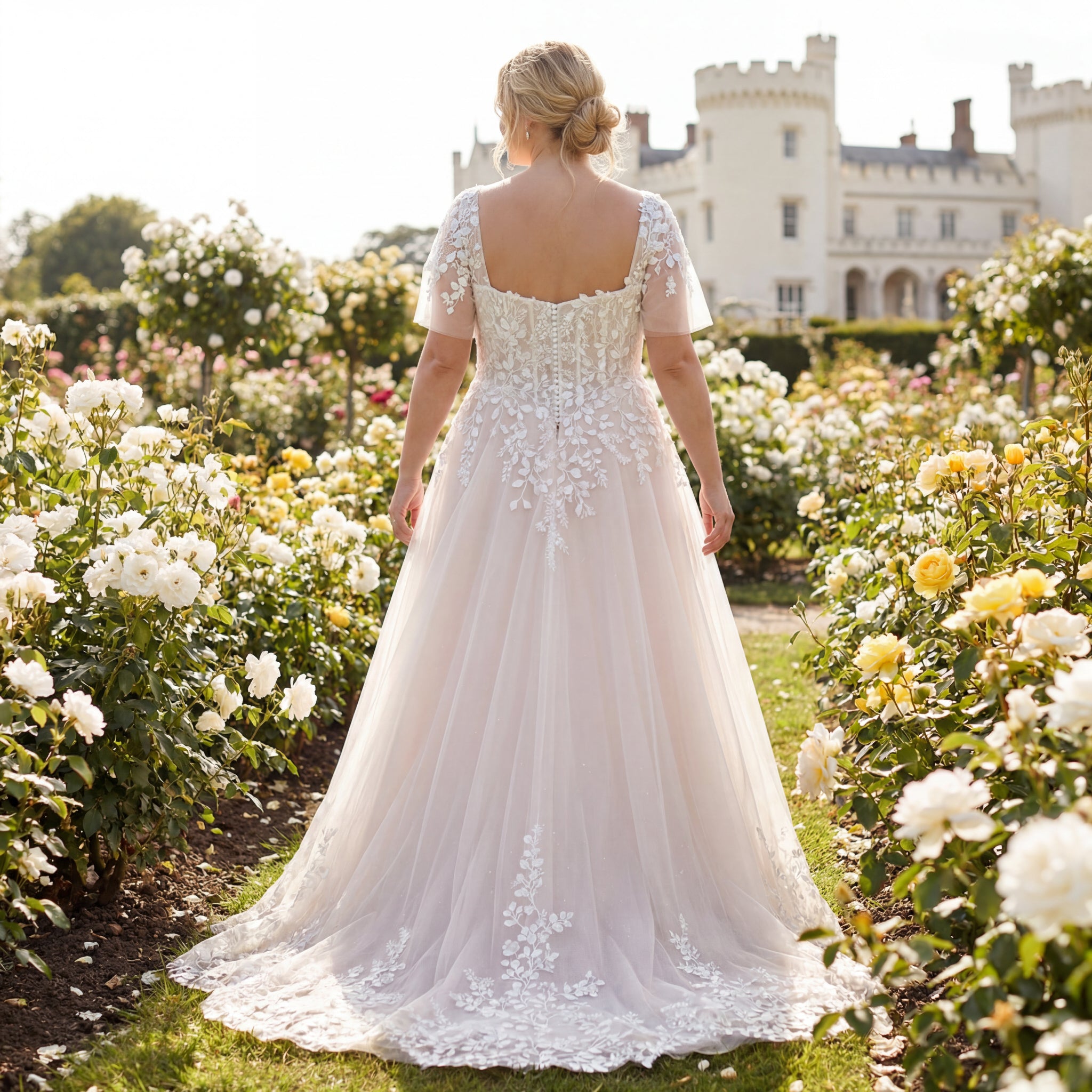hochzeitsrausch Brautmoden - Brautkleid mit floraler Spitze im Schlossgarten, romantisch und elegant