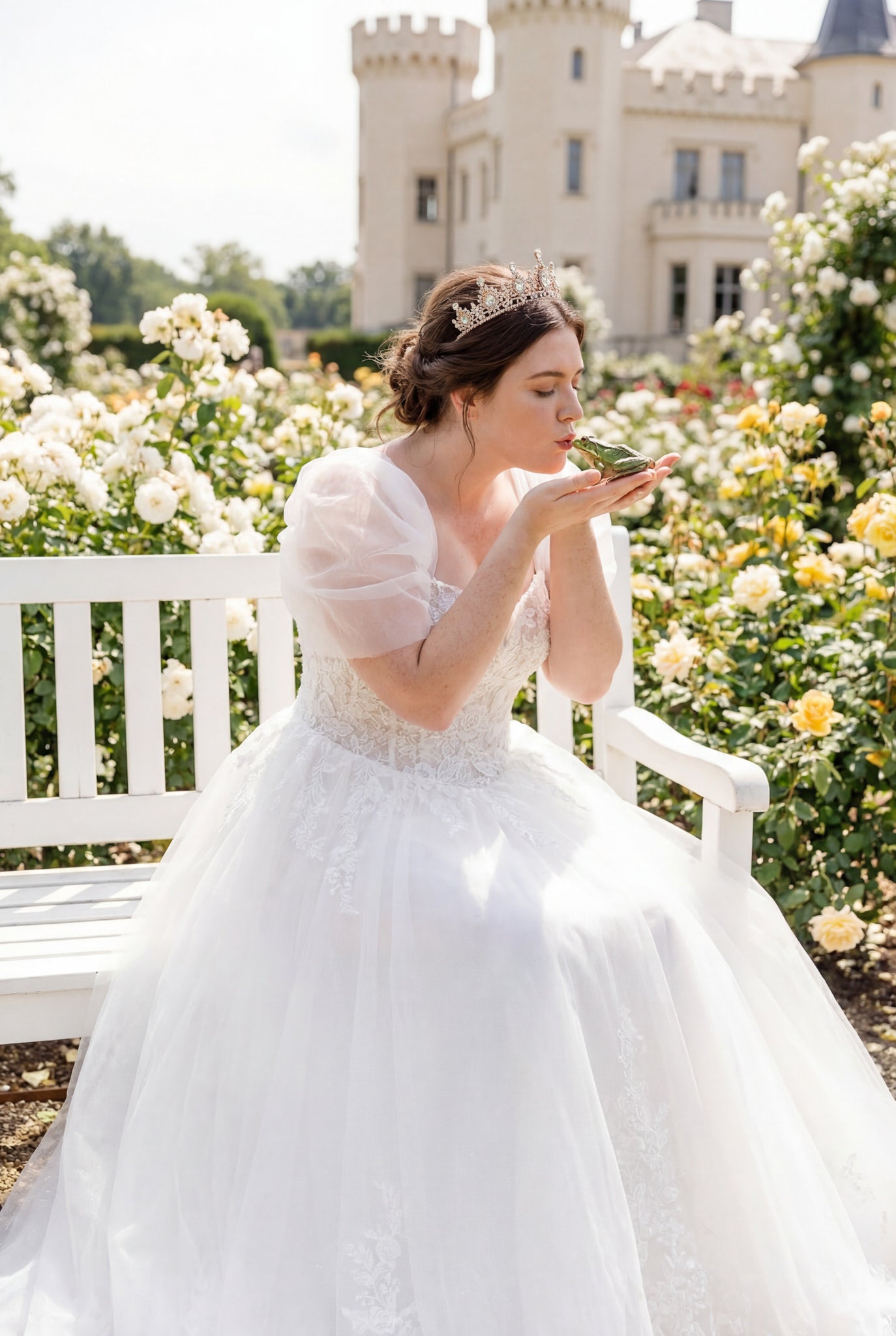 hochzeitsrausch Brautmoden - Brautkleid mit Spitze und Tüllrock im romantischen Garten-Setting vor Schlosskulisse